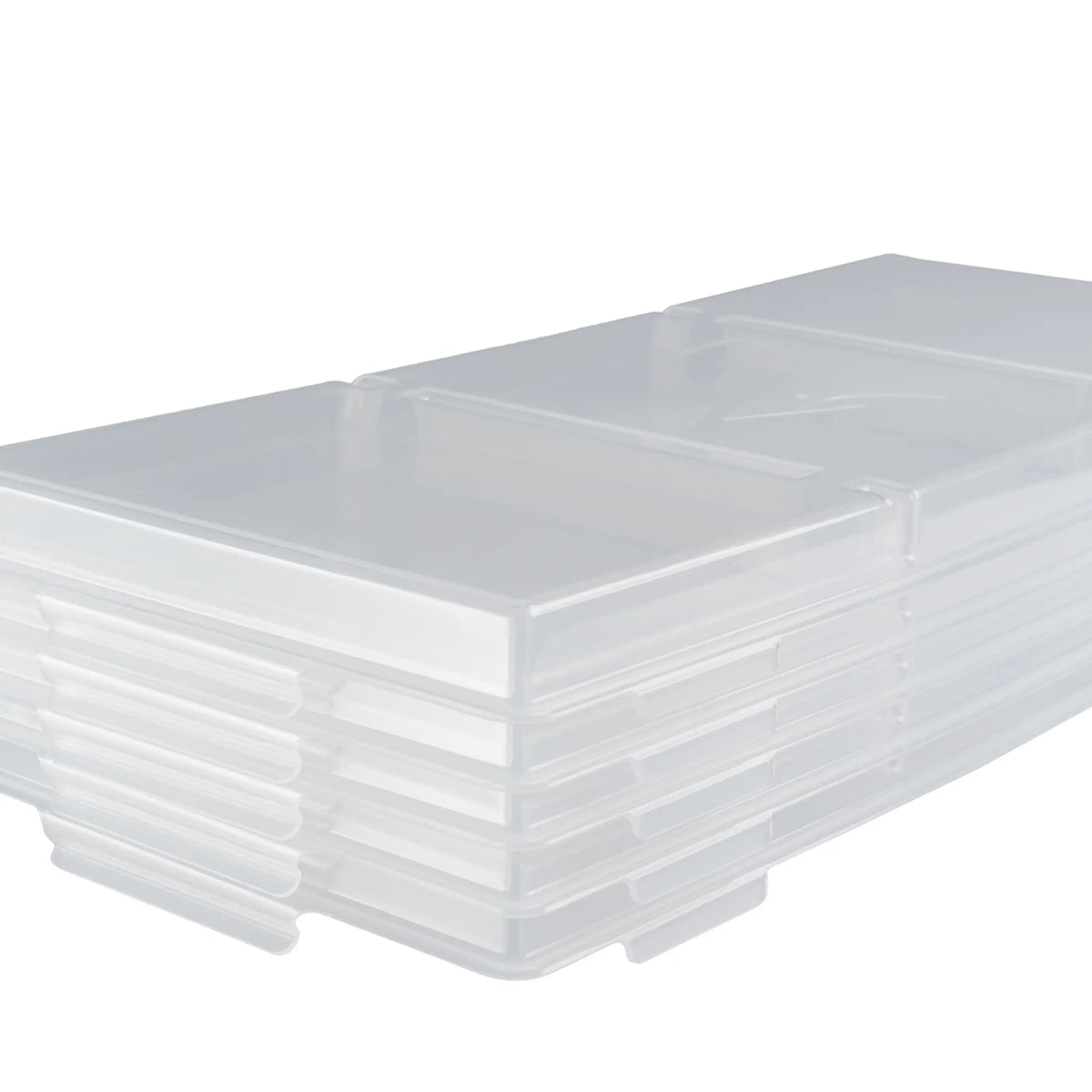 Stacked medium tray lids set of 5, translucent clear plastic with gray side tabs