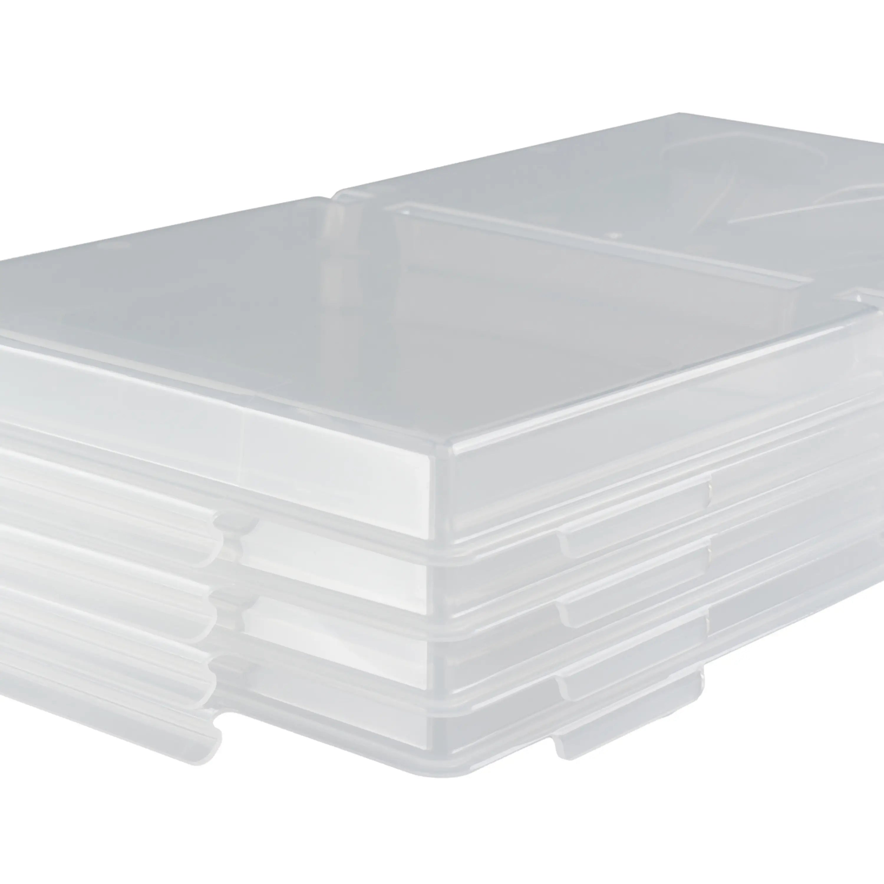 Clear plastic vacuum tray lid with stacked corner latch and side ridges