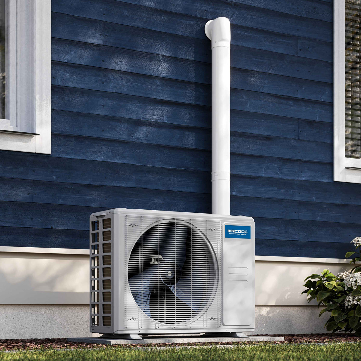 White MRCOOL ductless mini-split outdoor condenser with round fan grille