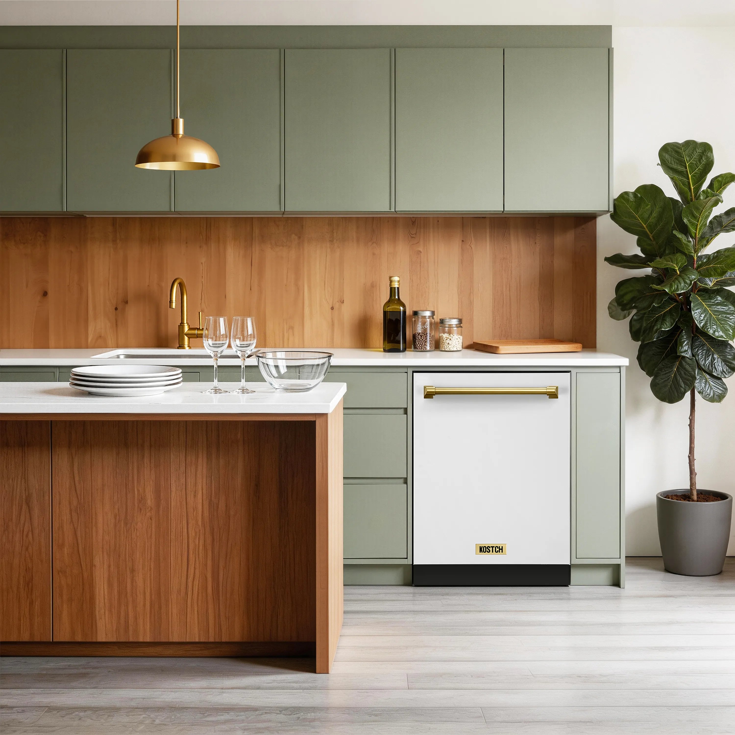 White built-in dishwasher with bronze handle installed in a modern kitchen