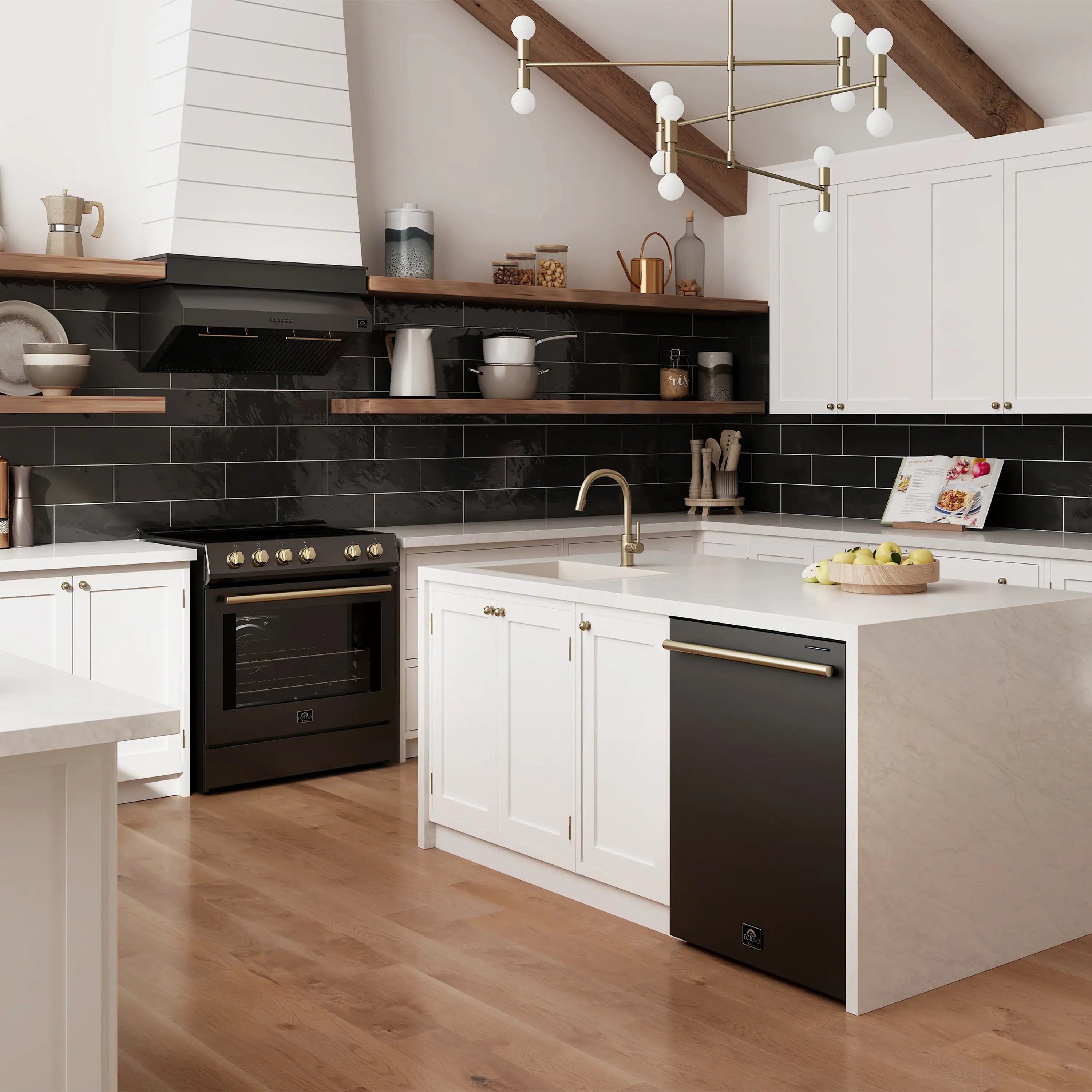 Black electric range and dishwasher with under-counter white cabinetry, brass accents