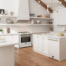 Forno Antico 5-Piece Appliance Package - 48-Inch Gas Range, 48-Inch Hood, 36-Inch Refrigerator, 24-Inch Dishwasher, & 24-Inch Microwave Drawer in White with Antique Brass Trim