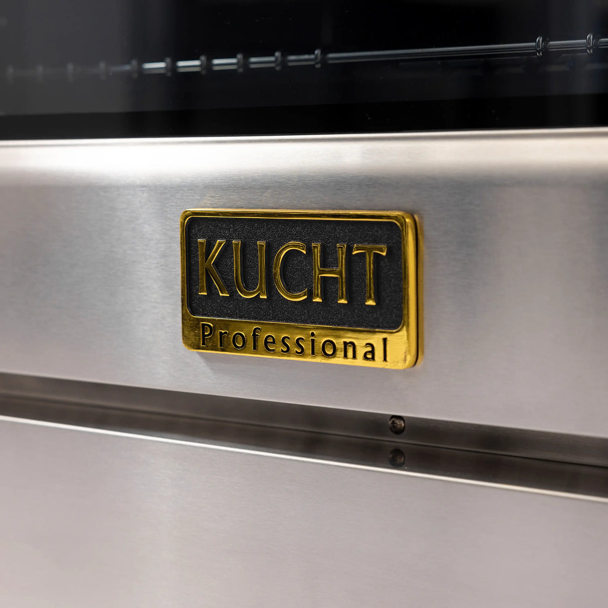 Kucht Professional logo badge on stainless steel range front panel