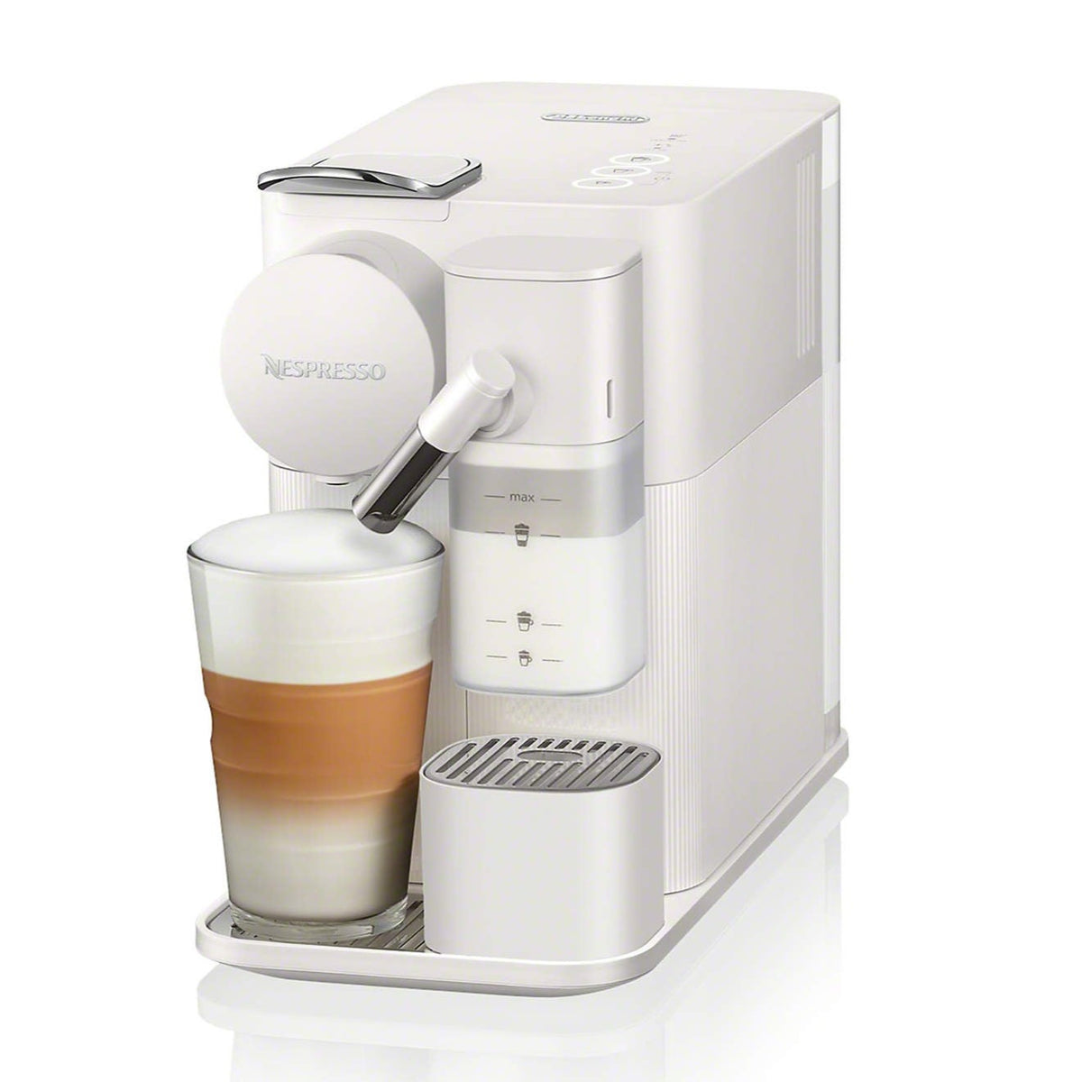 White De'Longhi Nespresso single-serve coffee machine with cup and frothing lever
