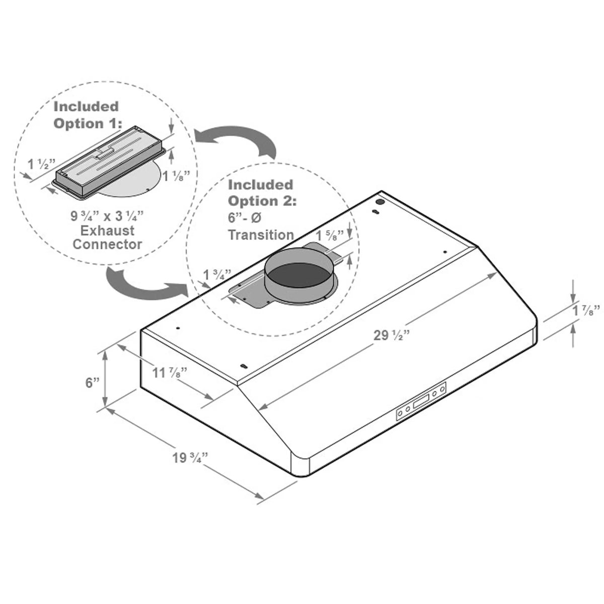 Range hood dimensions diagram with duct transition options and exhaust connector details
