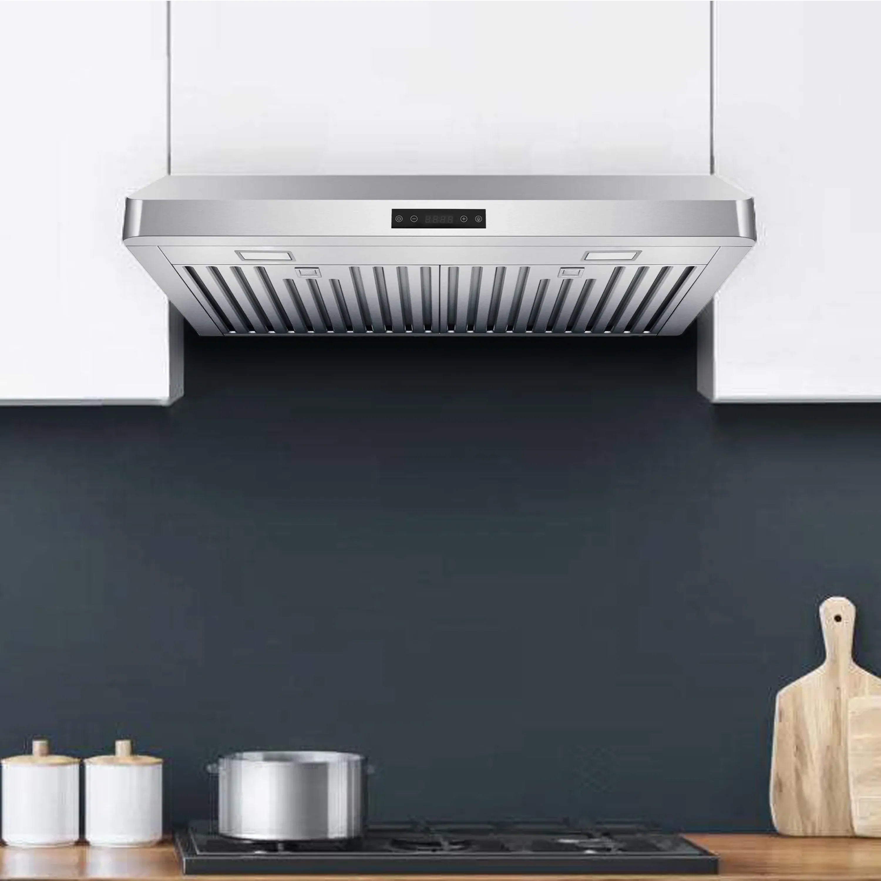 Stainless steel under-cabinet range hood with vented grille and touch display