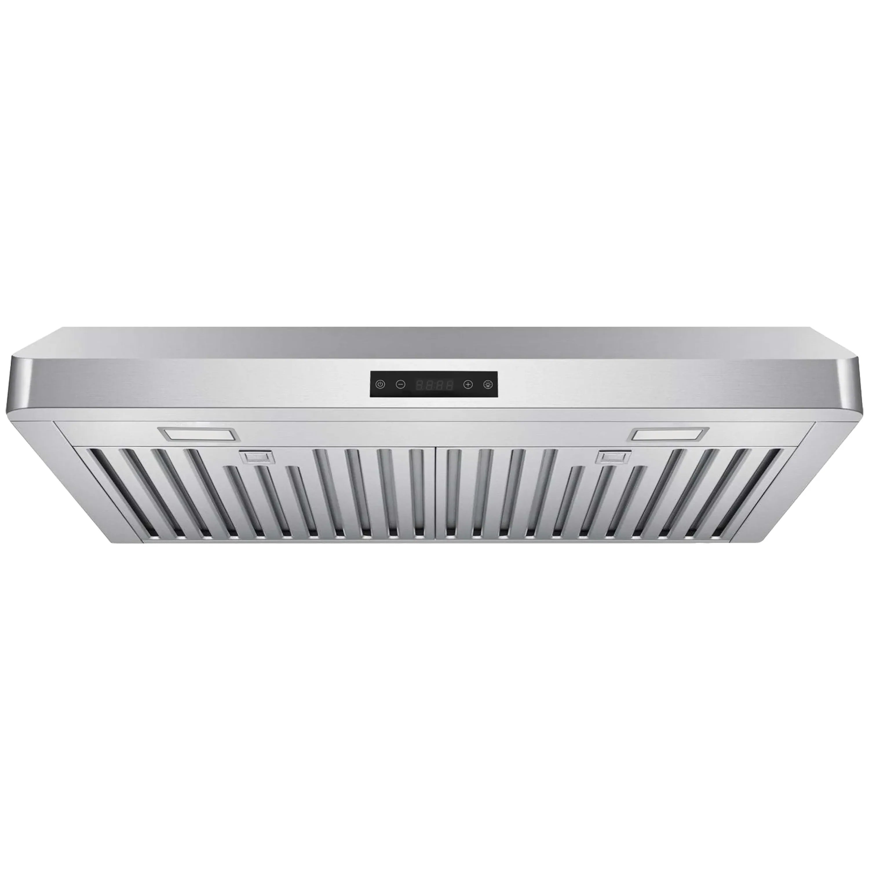 Stainless steel under-cabinet range hood with touch control display and vented grille