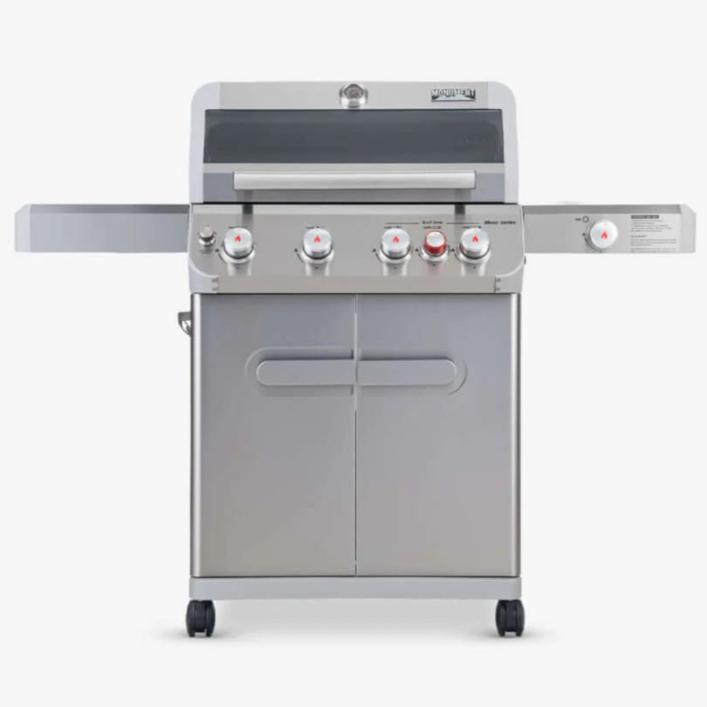 Stainless steel four-burner propane gas grill with control panel and side doors