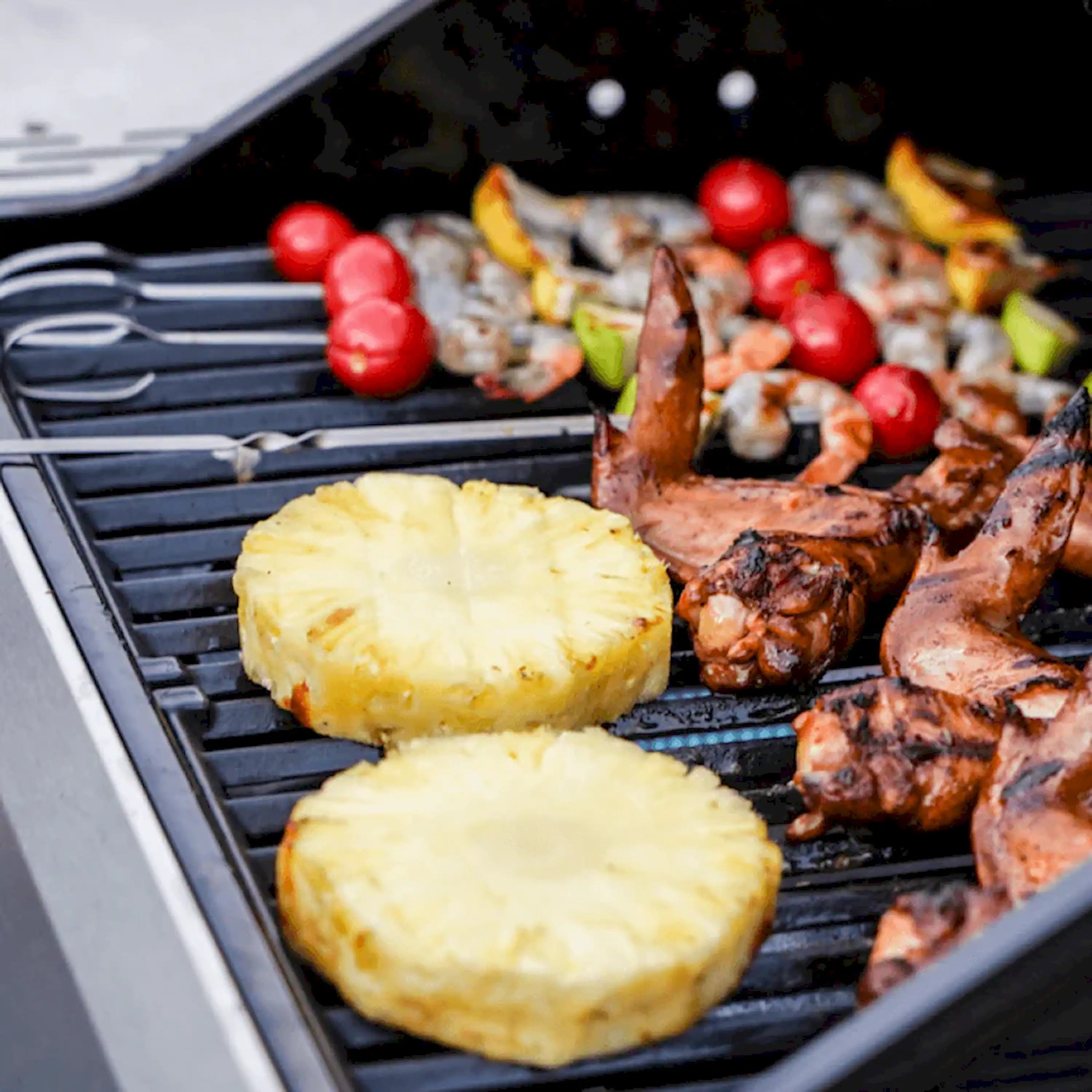 2-burner propane grill with dark cooking grates; grilled meat and sliced potato