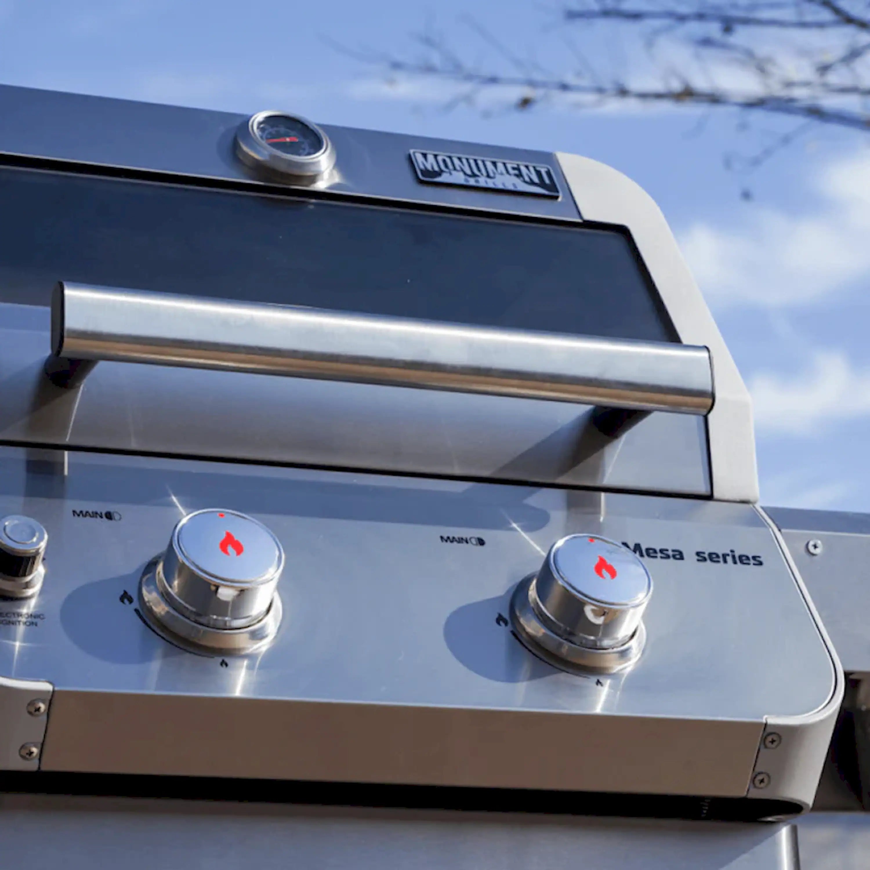 Stainless propane grill front with two control knobs and black lid panel