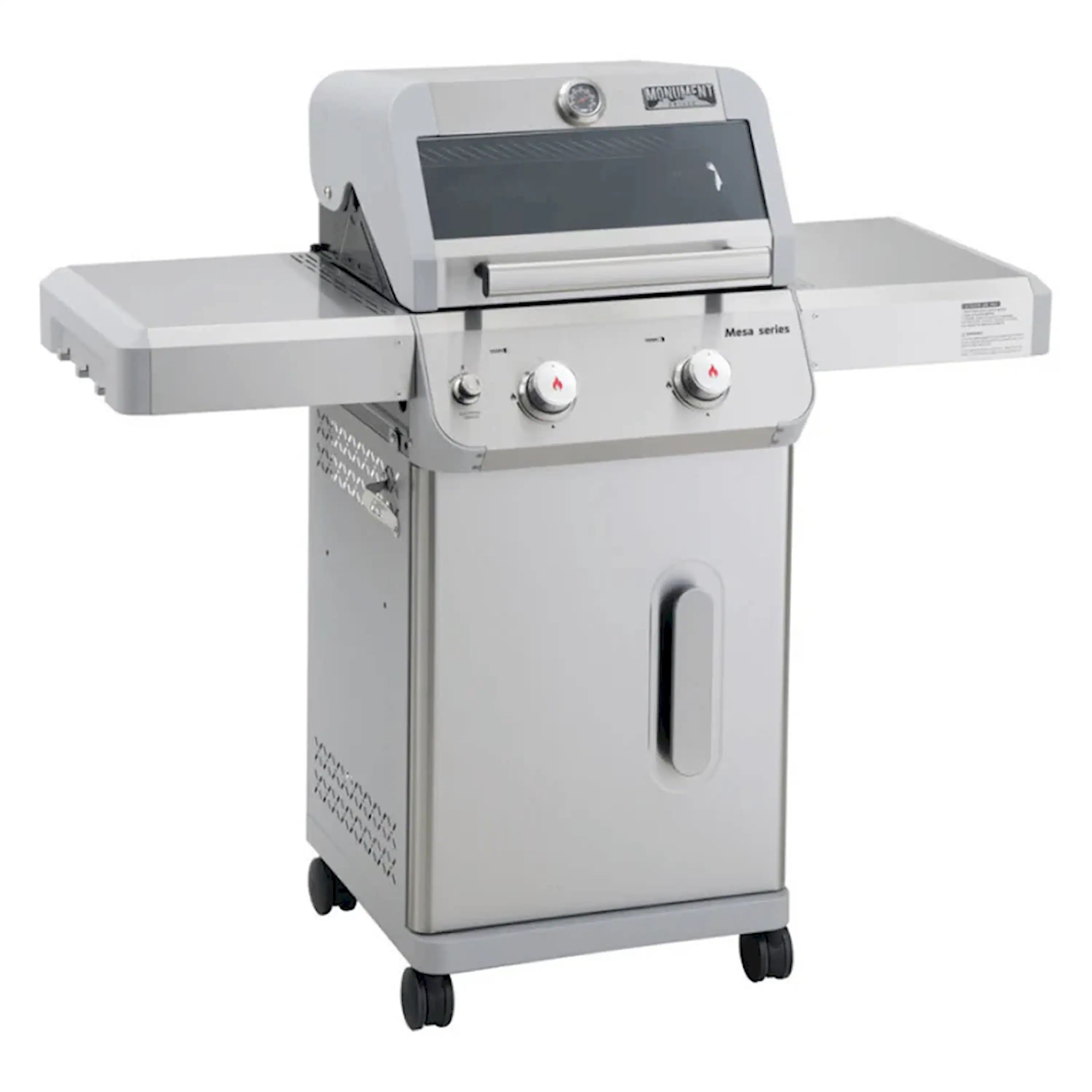 Stainless steel 2-burner propane grill with lid closed and side control knobs