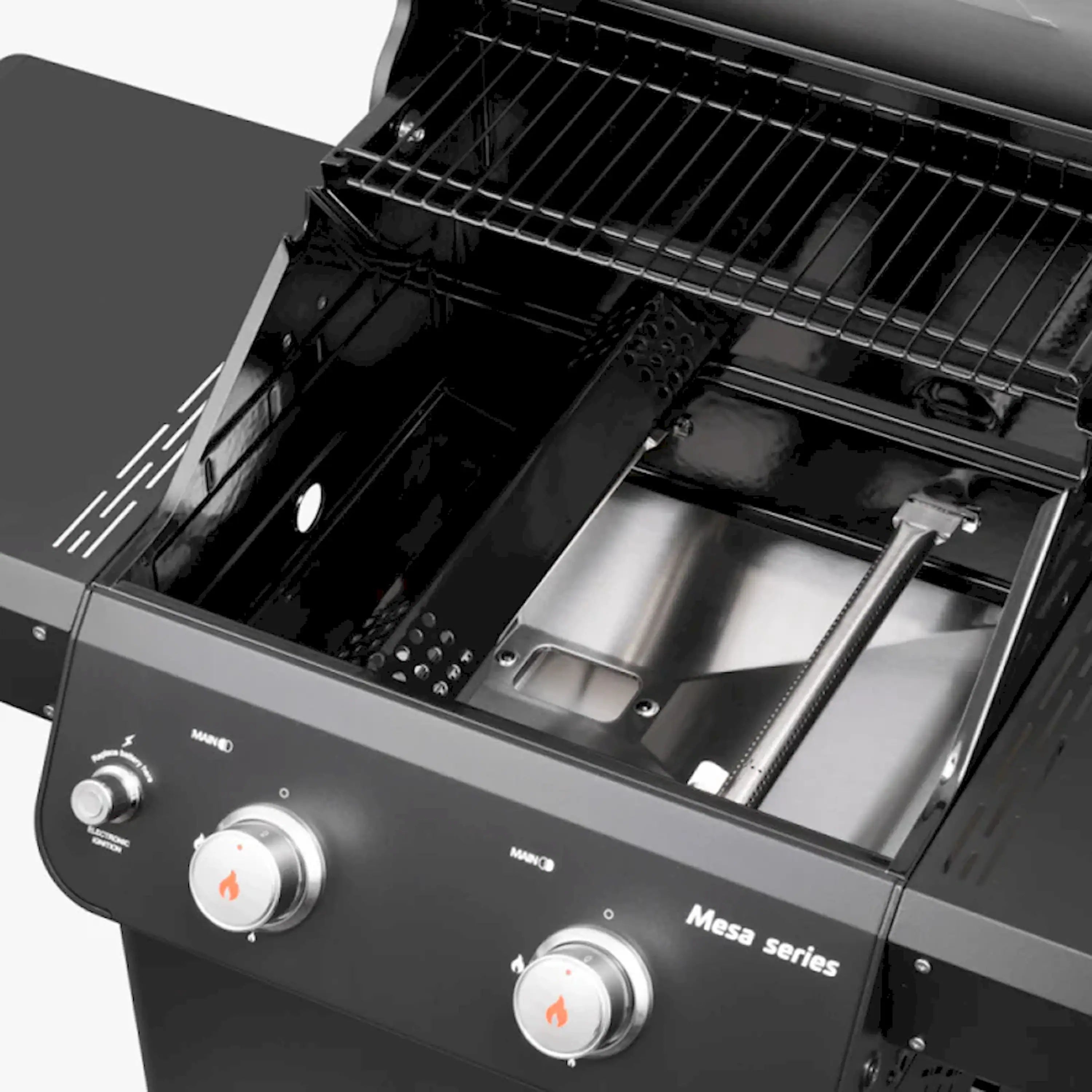 Black 2-burner propane grill with lid open, showing grates and stainless cooking area