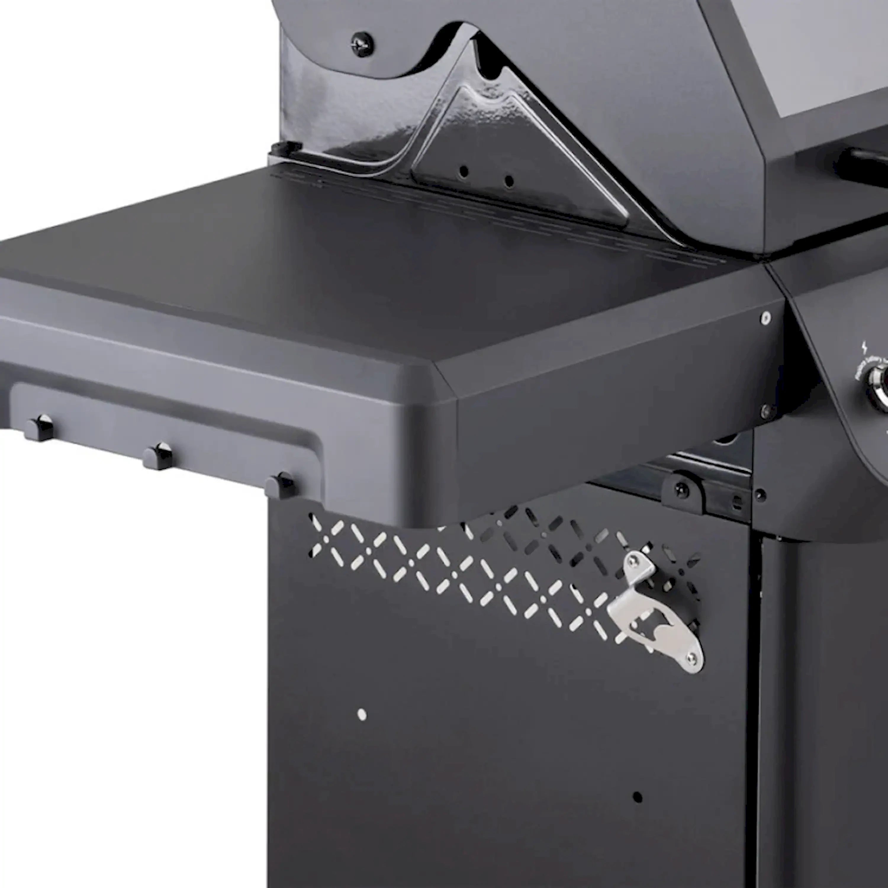 Black propane grill lid and side panel with diamond vent pattern and latch detail