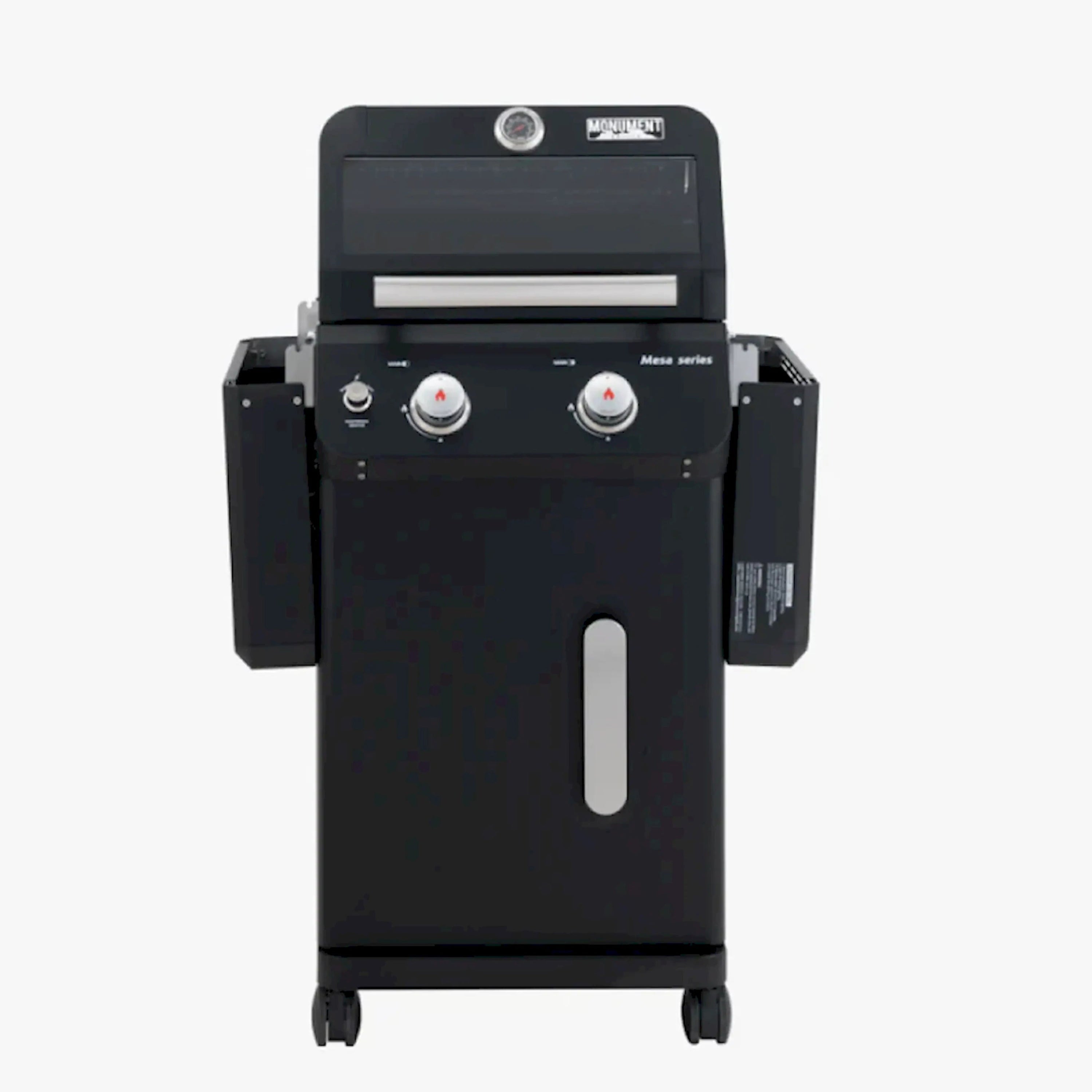 Black propane grill front view with side handles, door, and wheel legs