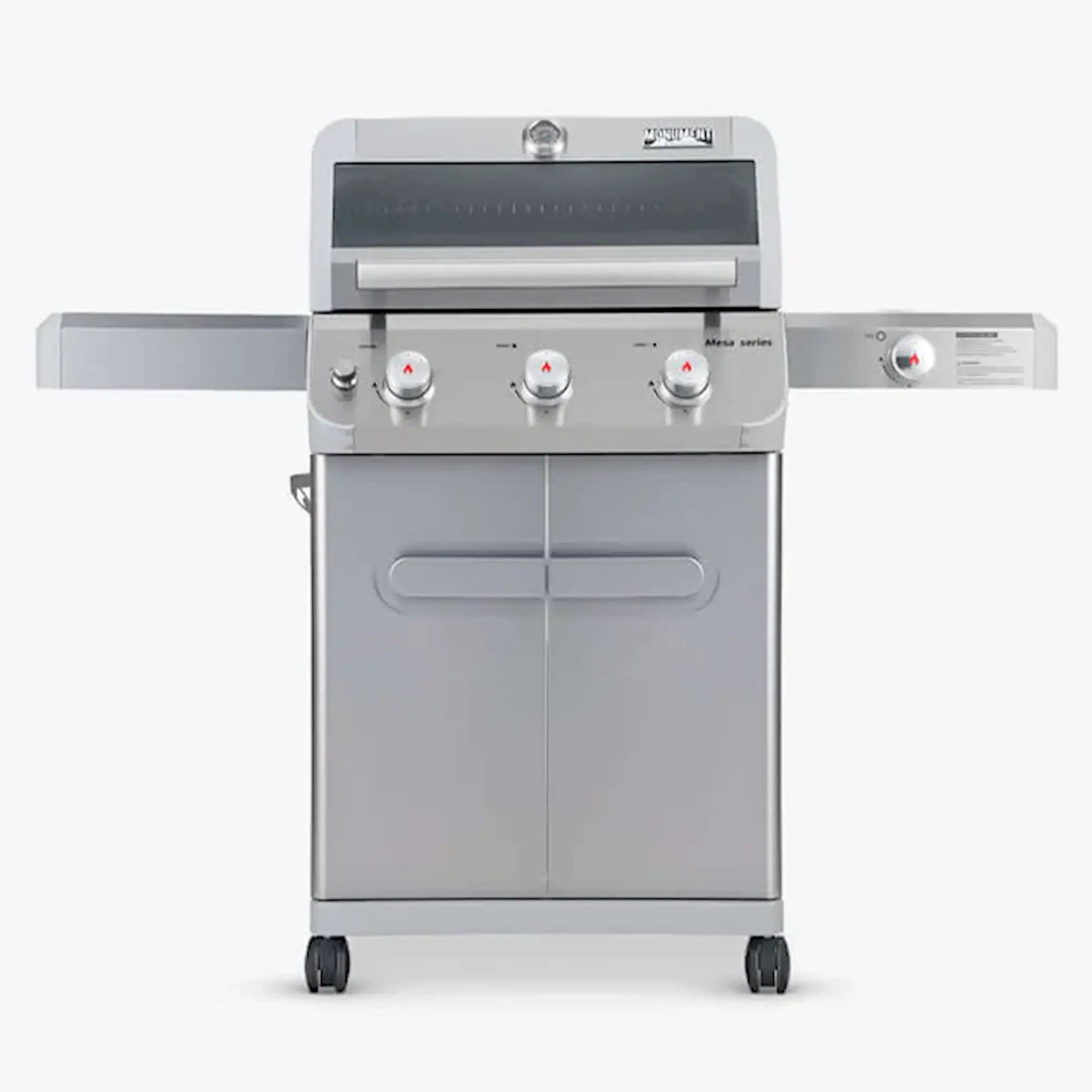Stainless steel propane gas grill with three burner control knobs and lid