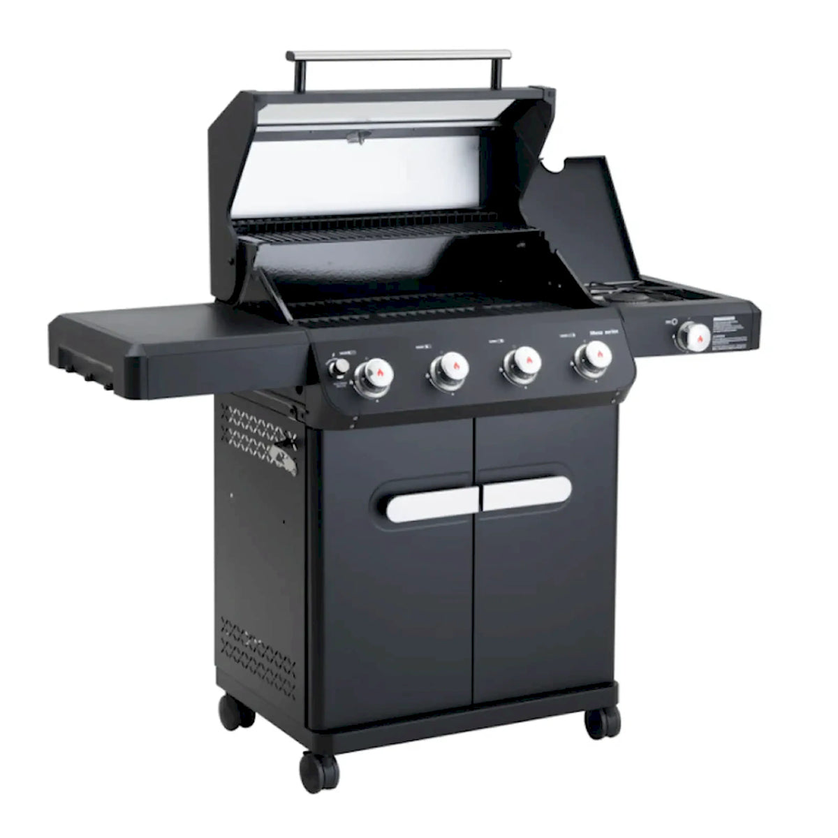 Black 4-burner propane gas grill with open lid and cooking grates
