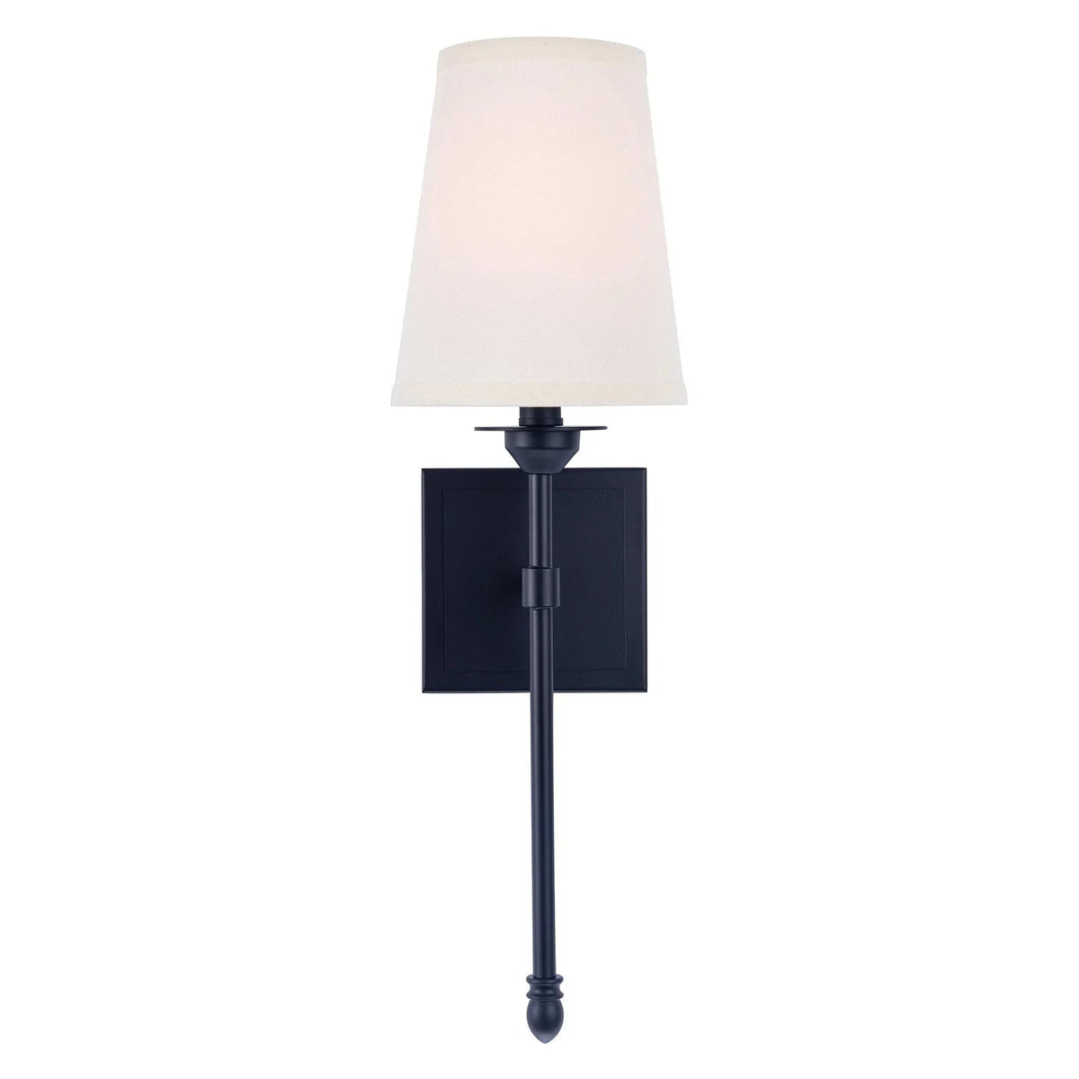 Black wall sconce light with white fabric shade and vertical metal support