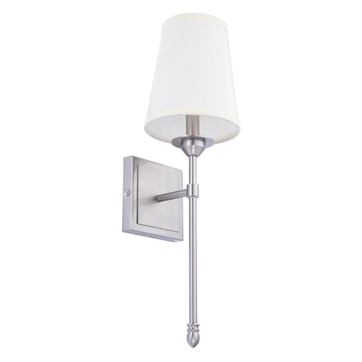 Nickel wall sconce light with white fabric shade and vertical metal arm