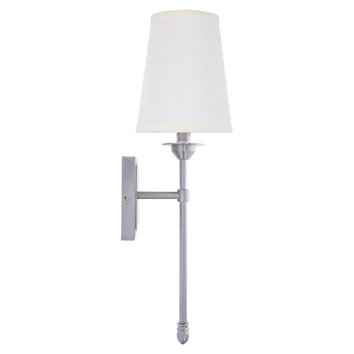 Nickel 1-light wall sconce light with white fabric shade and side view metal mount