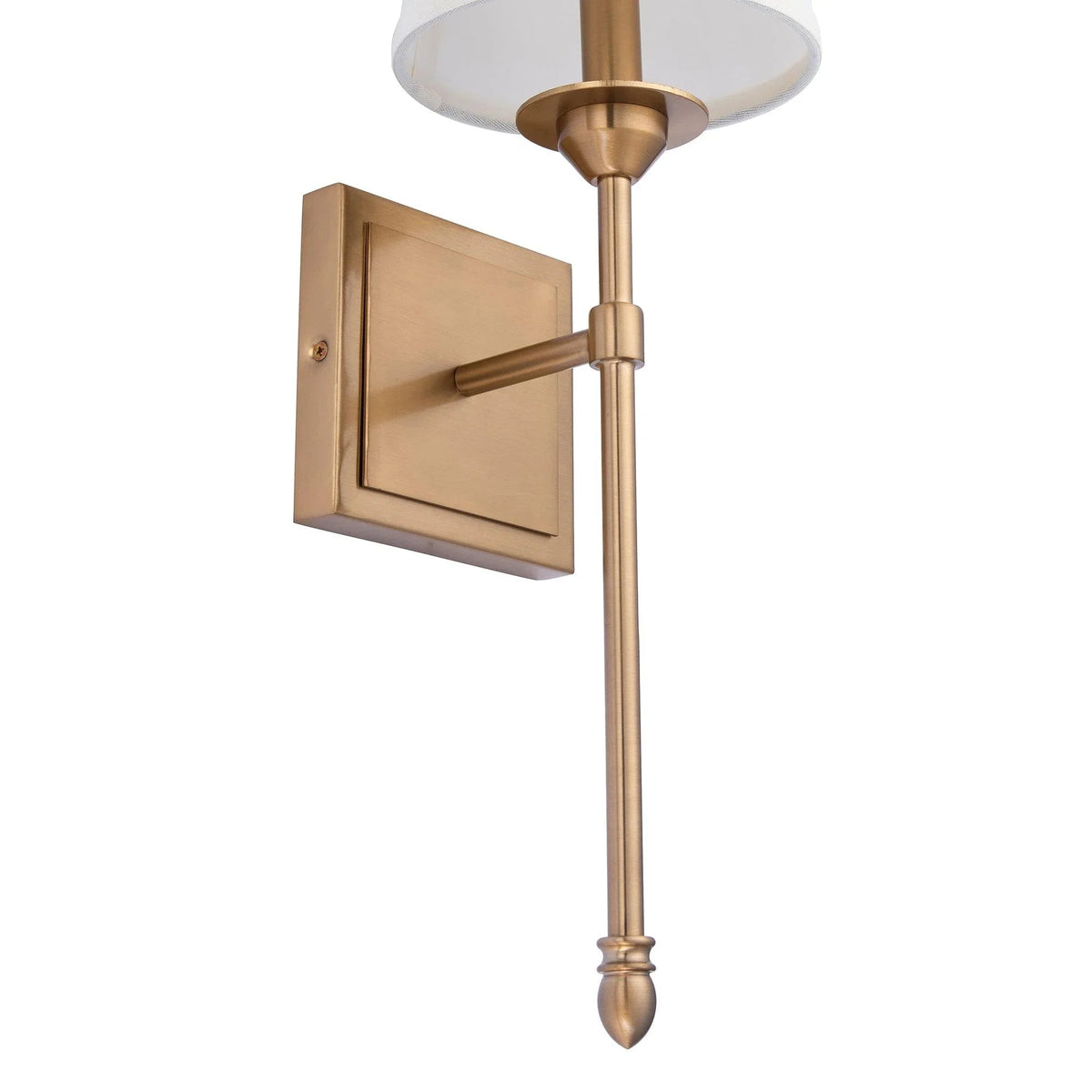 Golden wall sconce light with white fabric shade and square backplate with arm