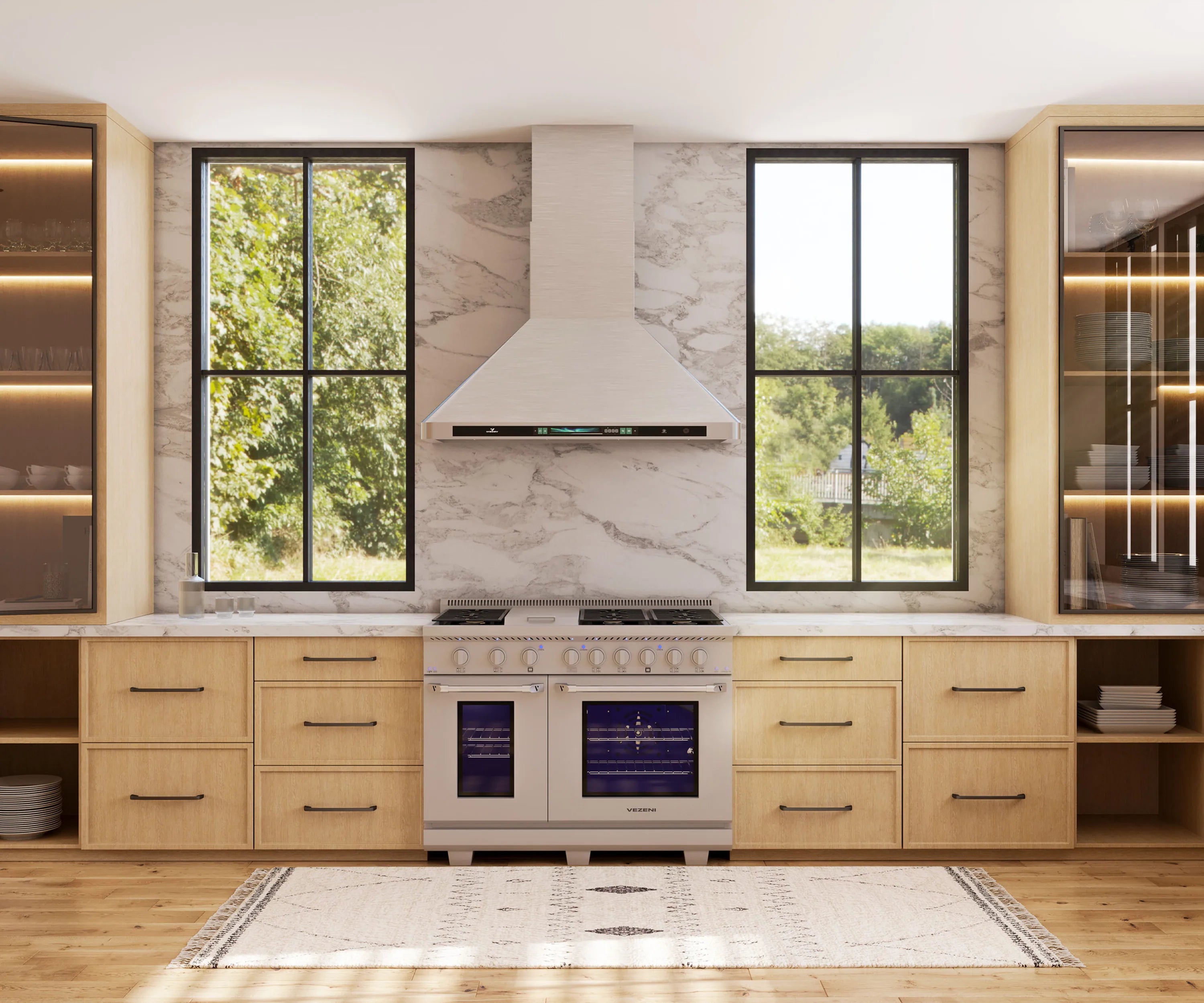 Stainless gas range under cabinet lighting with oven doors and control knobs.