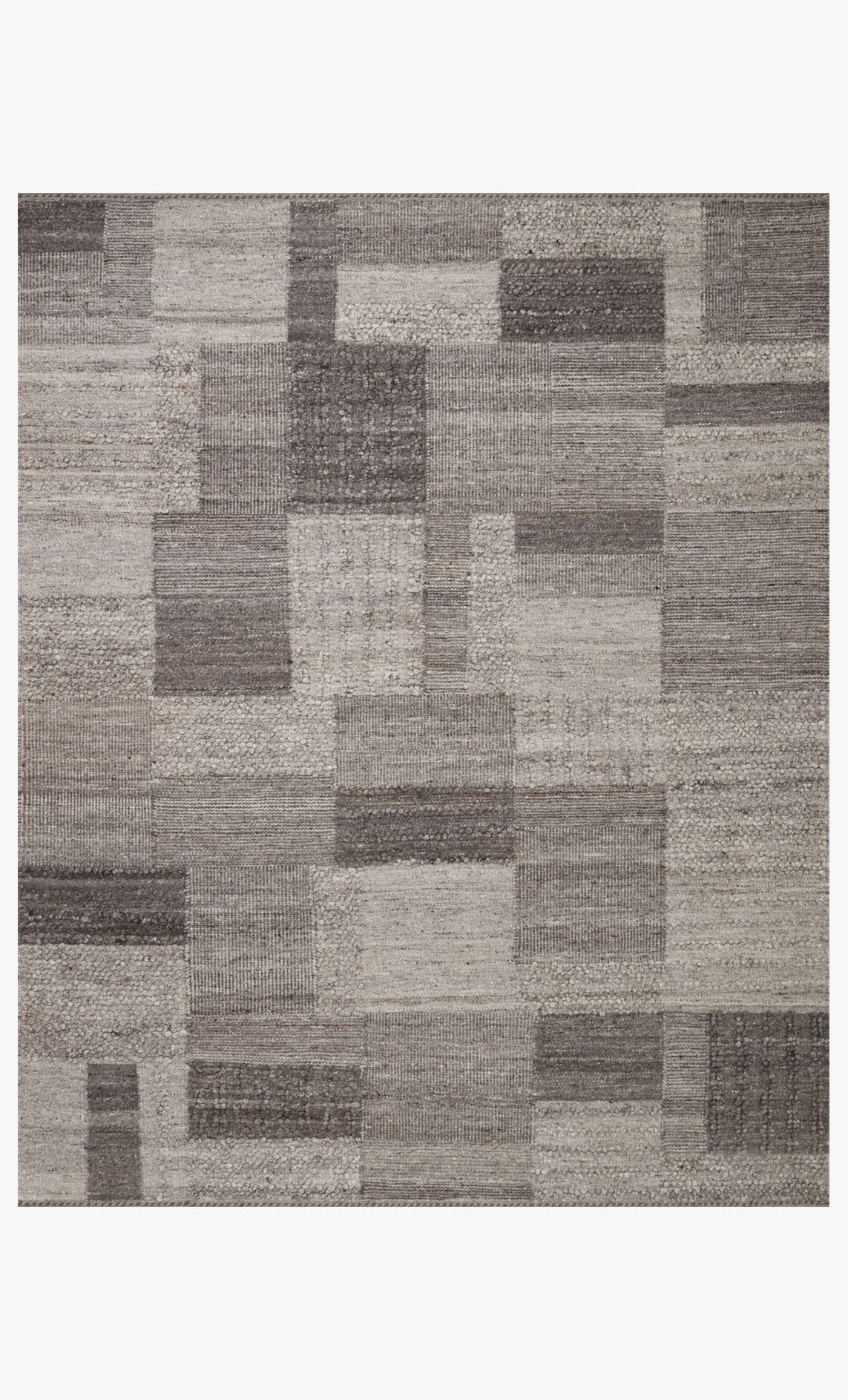 Square-block pattern area rug in light and dark gray with textured looped surface