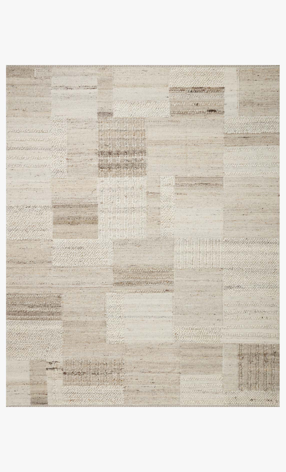 Natural and stone runner rug with light patchwork rectangles in subtle gray and beige