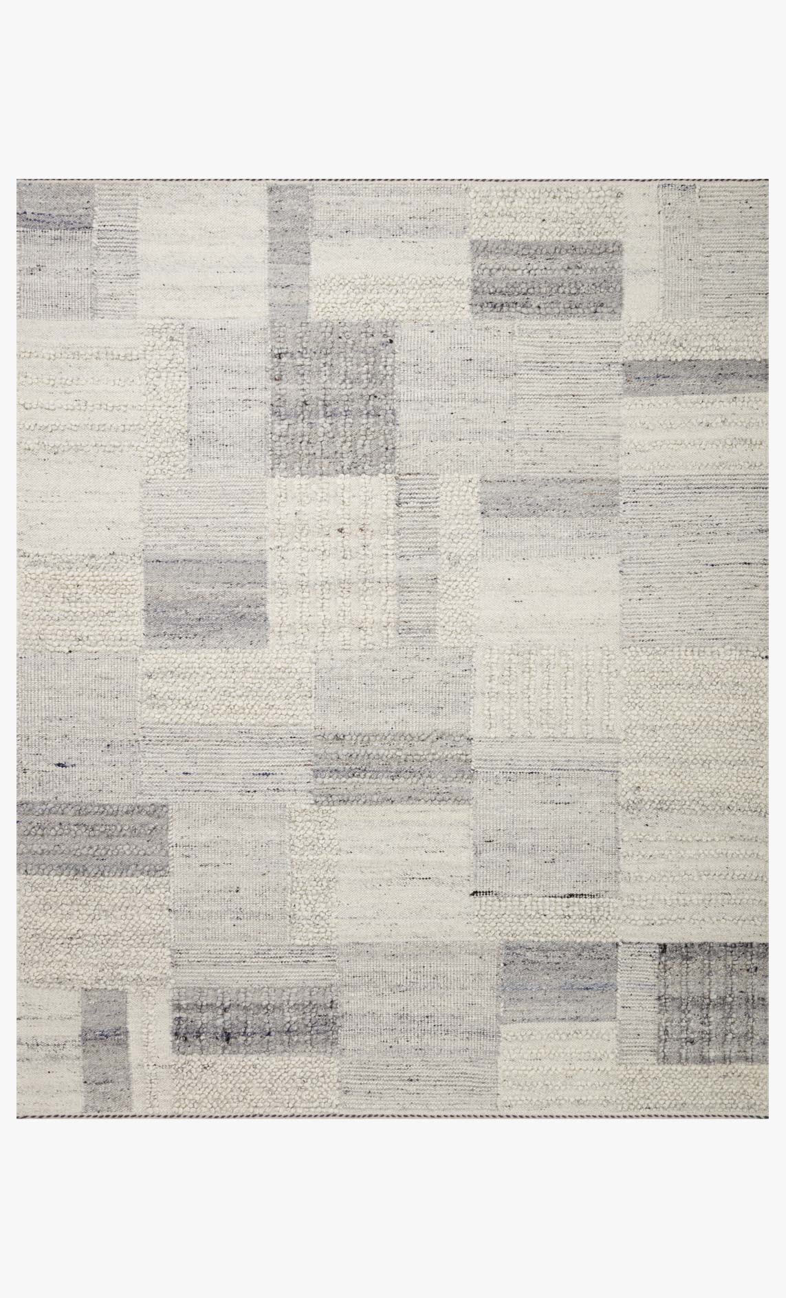Runner rug with light base and slate-gray geometric squares, medium textured weave