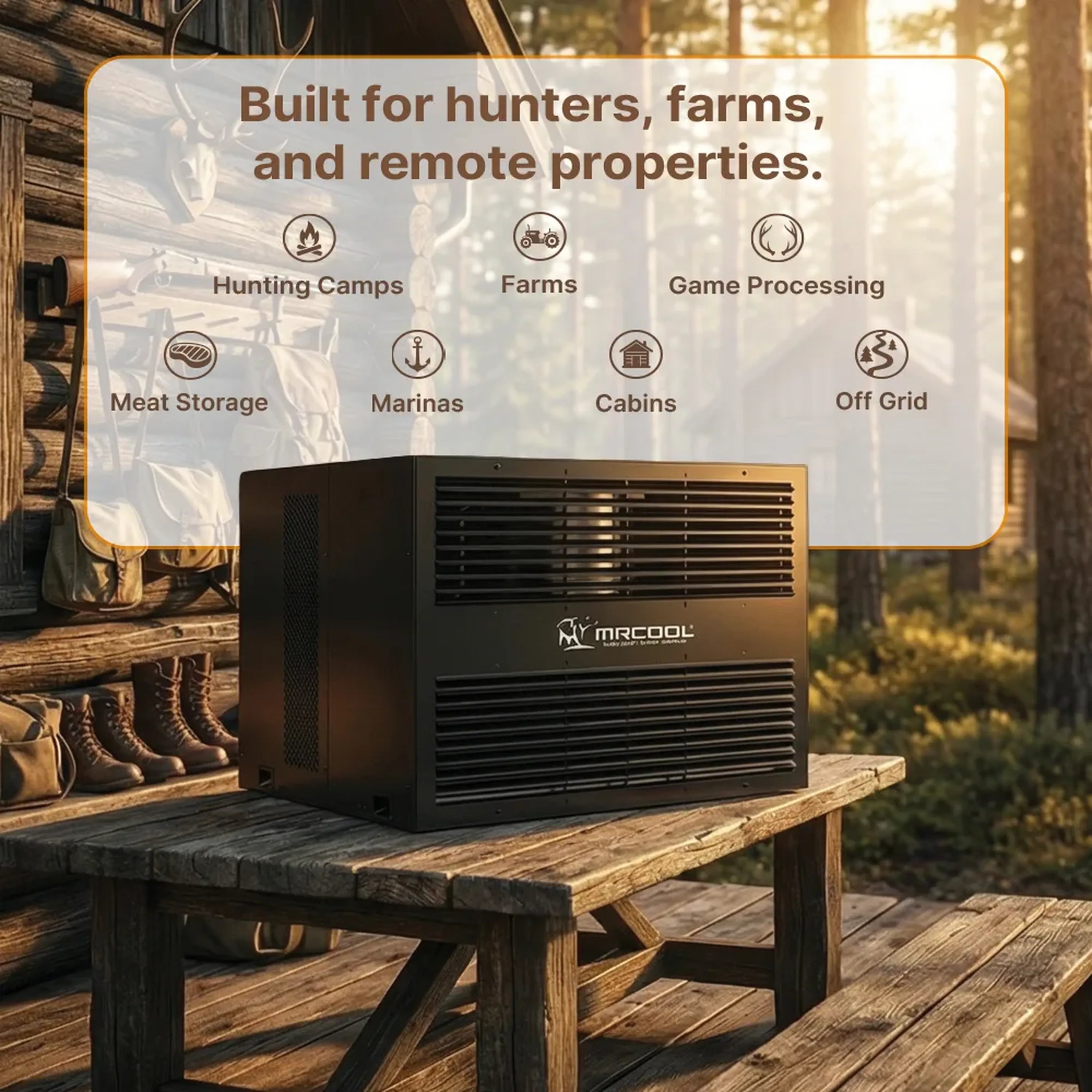 MRCOOL compact refrigeration system on a wooden outdoor platform