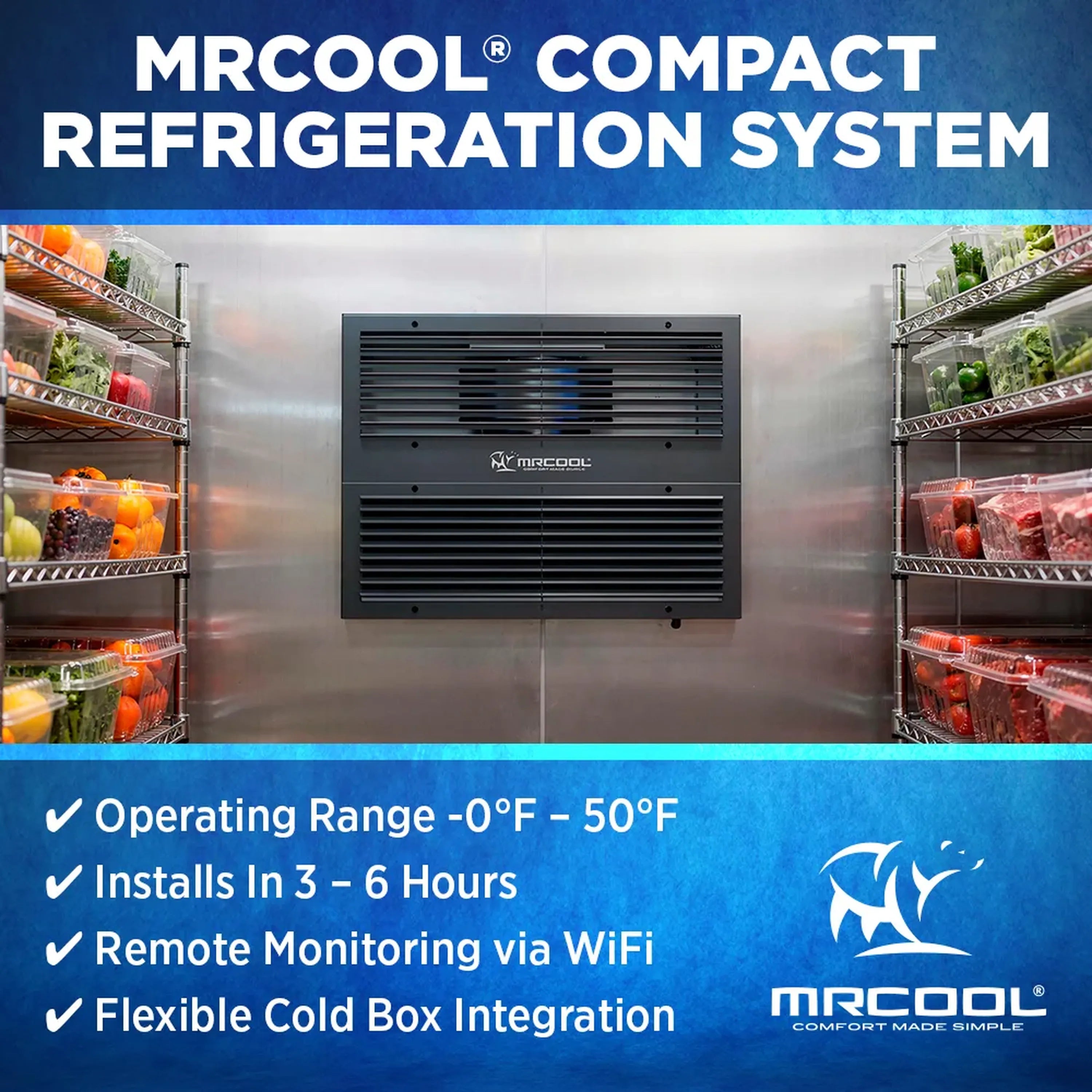 MRCOOL compact refrigeration system unit installed between refrigerated shelves