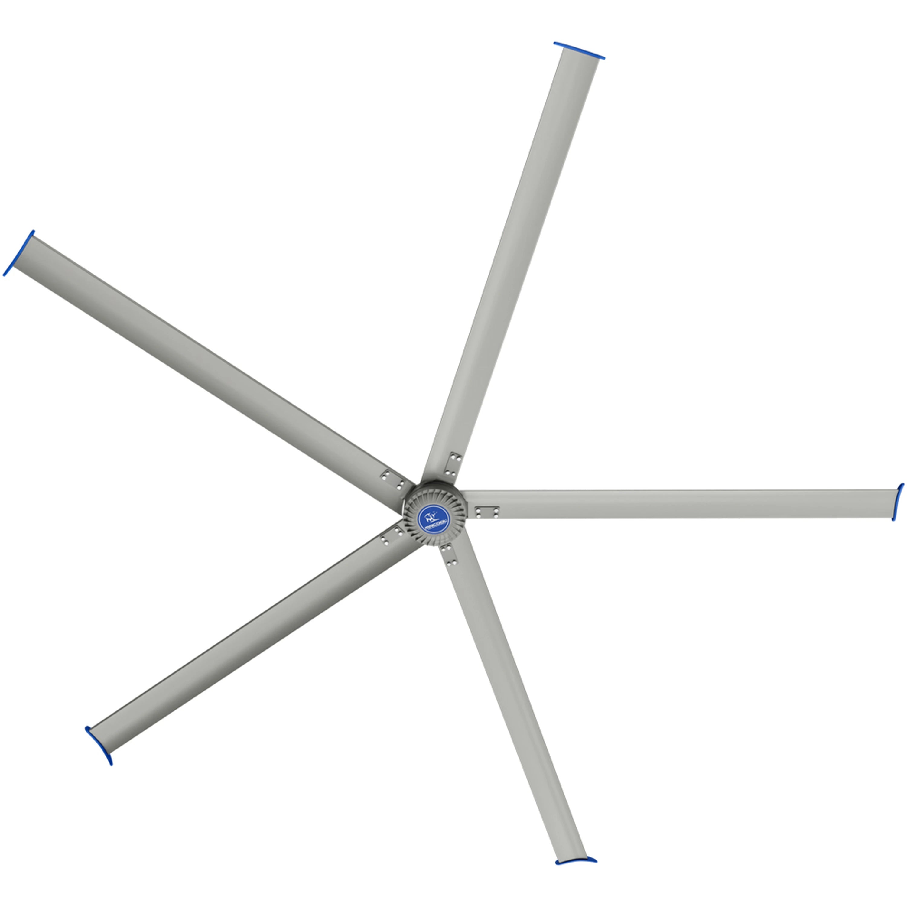 Industrial HVLS ceiling fan with gray blades and blue end caps
