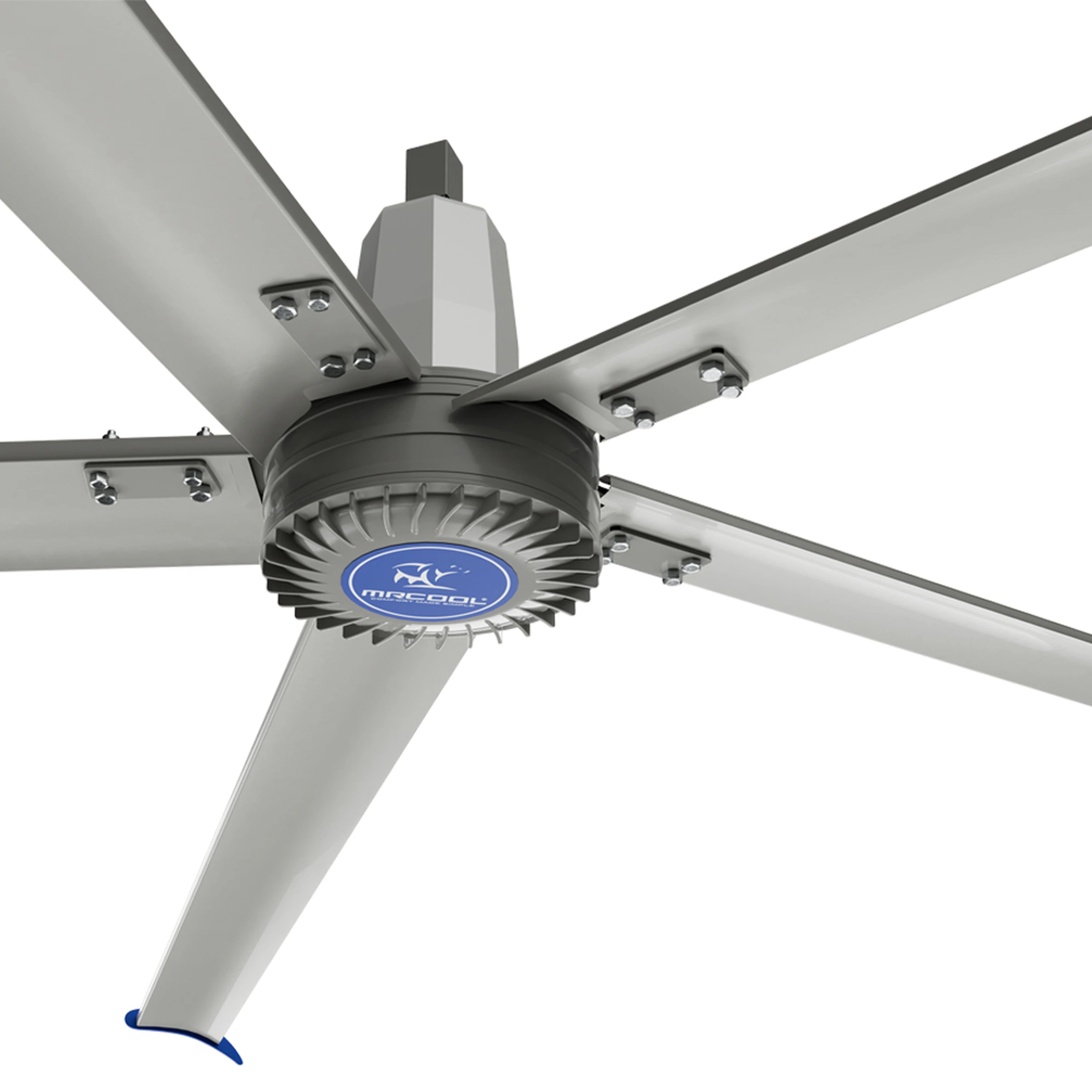Industrial HVLS fan motor housing with gray blades and blue MRCOOL logo