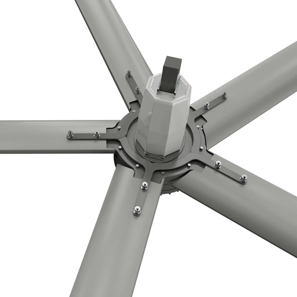 HVLS fan mounting bracket and motor mount on gray fan arms
