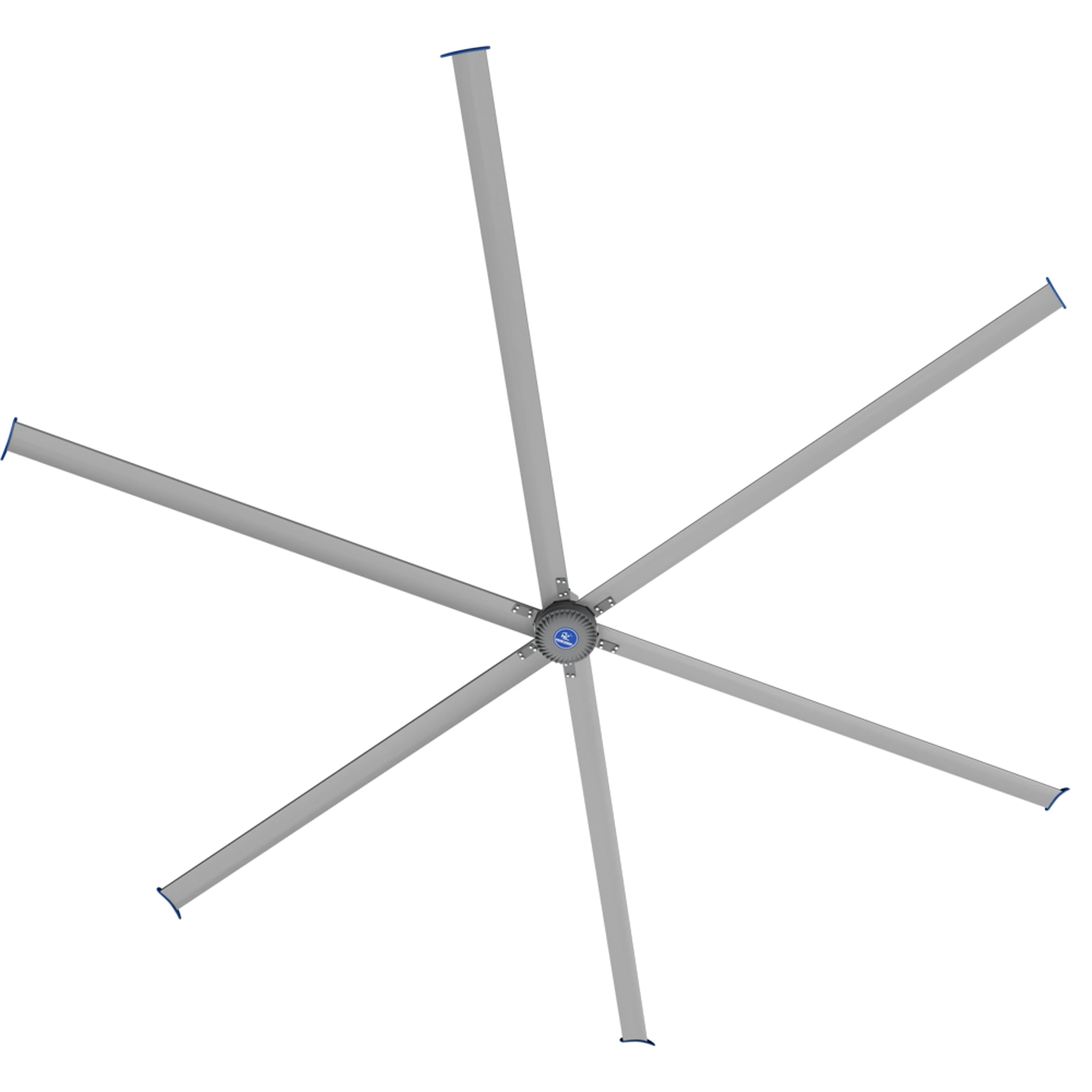 Industrial HVLS ceiling fan with five gray blades and central hub