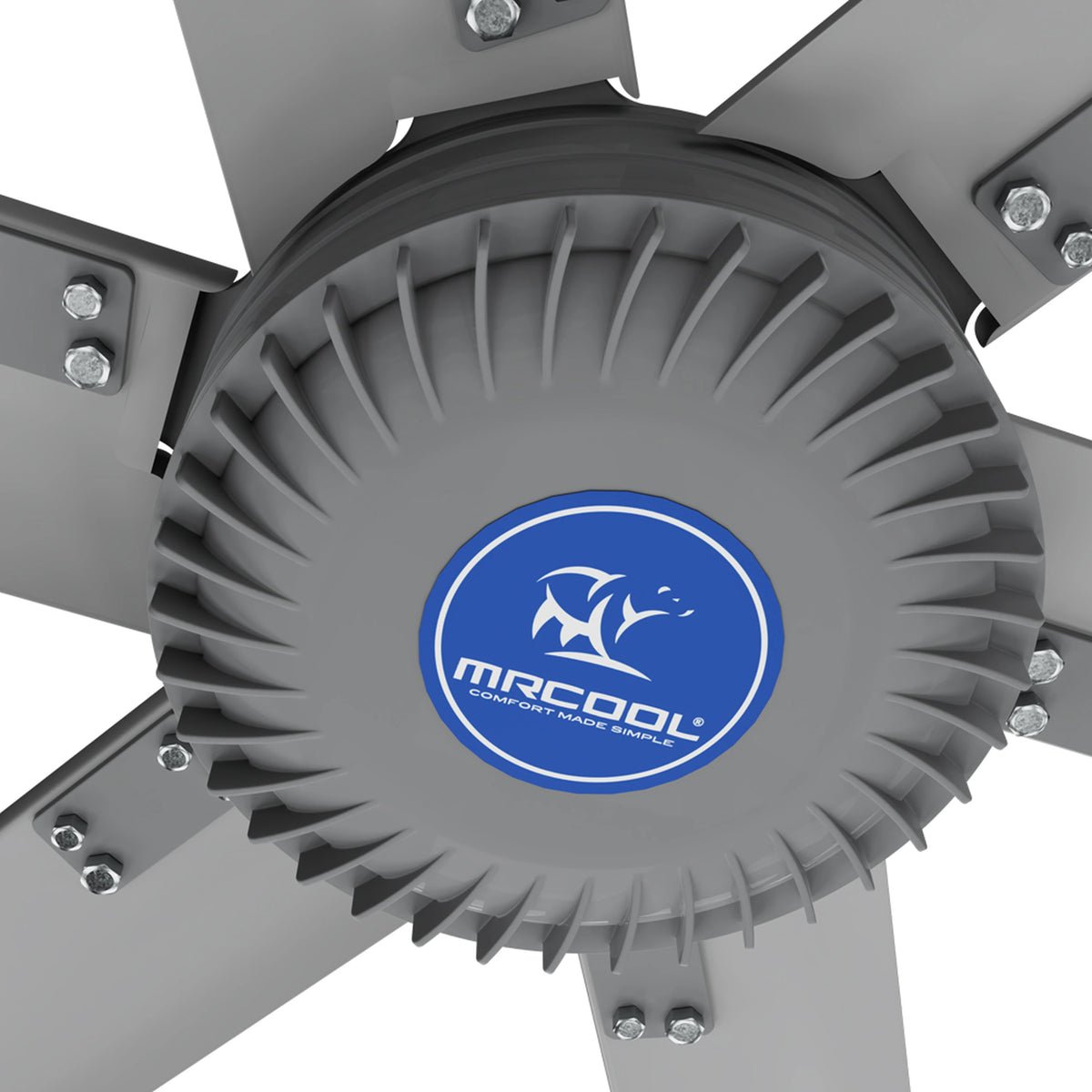 HVLS fan motor with MRCOOL logo on gray finned housing