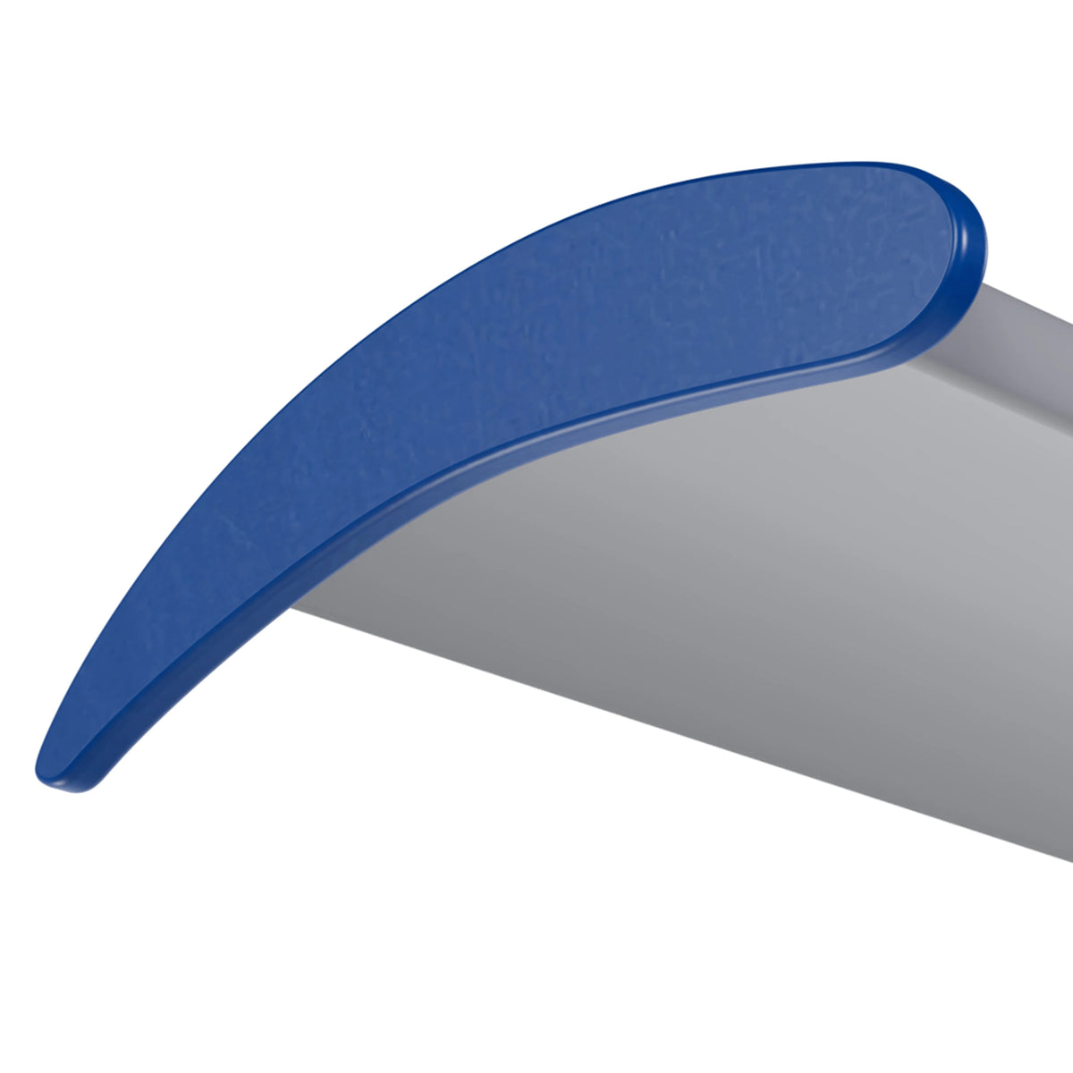 Industrial HVLS fan blade with blue end cap on gray housing