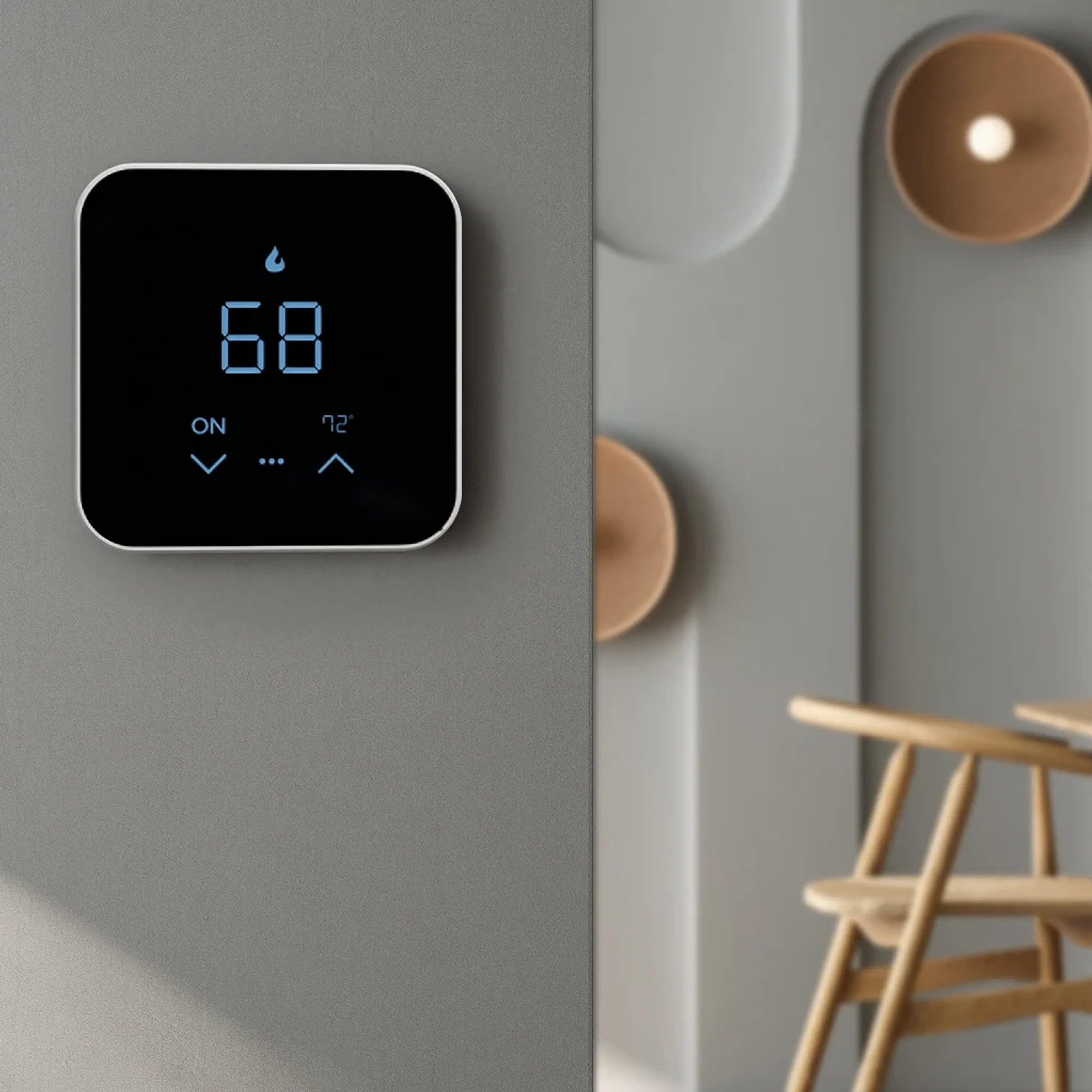 MRCOOL smart thermostat with black display showing 68°F and flame icon