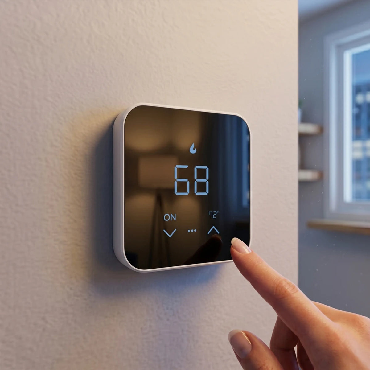 Wall-mounted thermostat with black display showing 68°F; finger pointing at controls