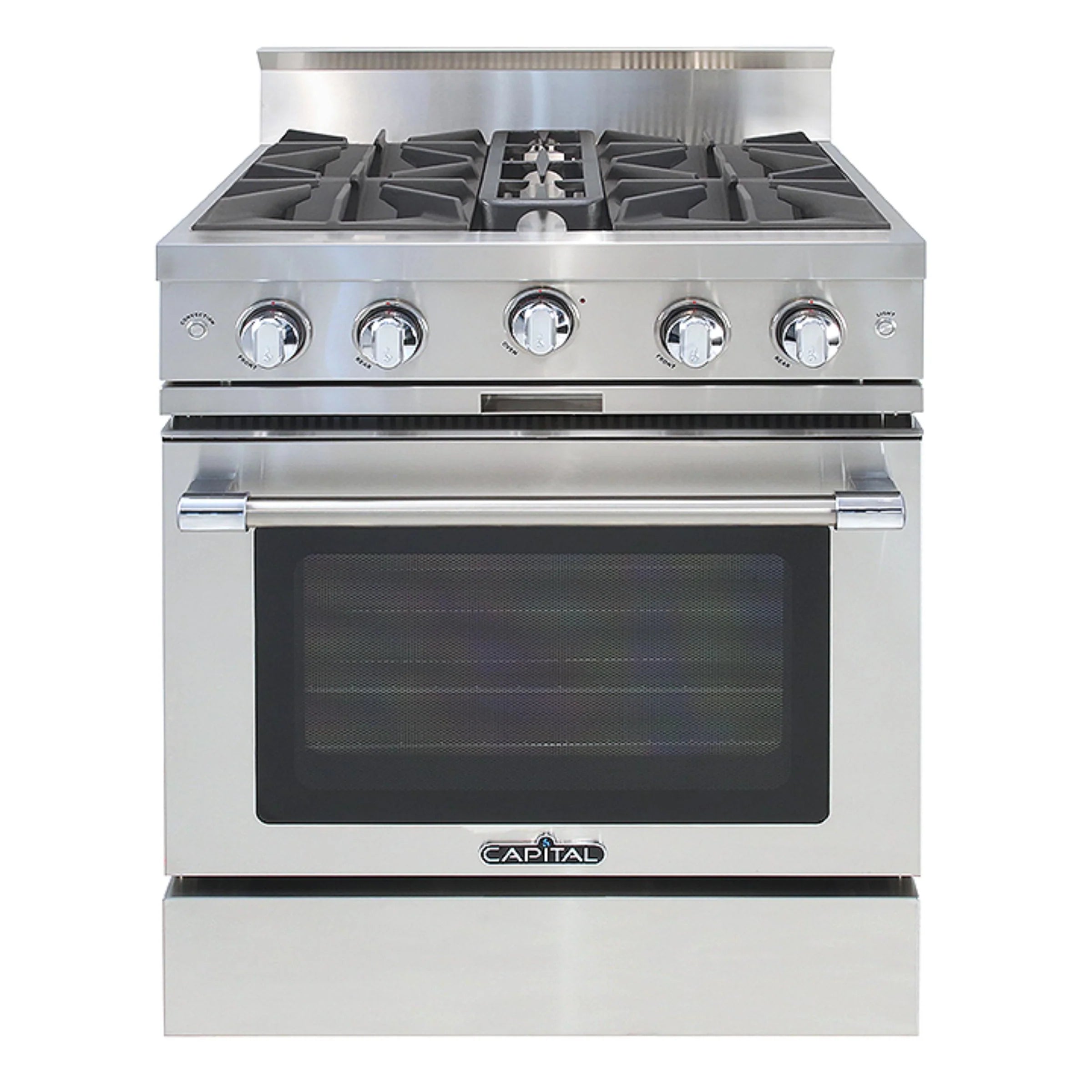 Stainless steel freestanding gas range with cooktop grates and oven door