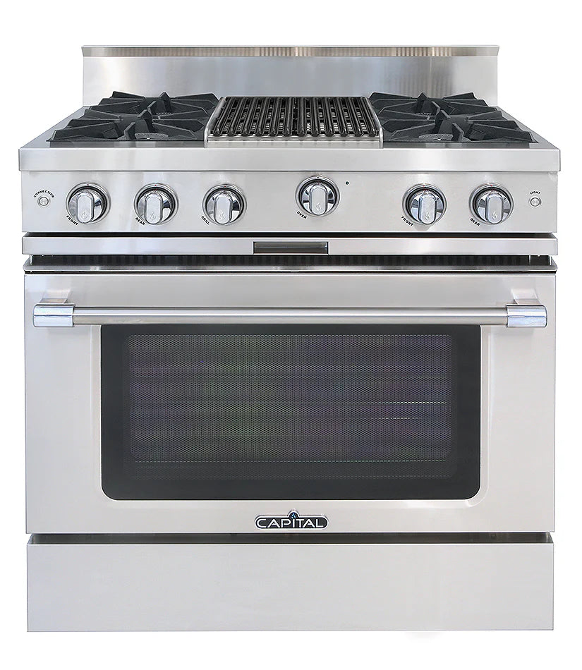 Stainless steel gas range with 4 open burners, grill grate, and oven door window