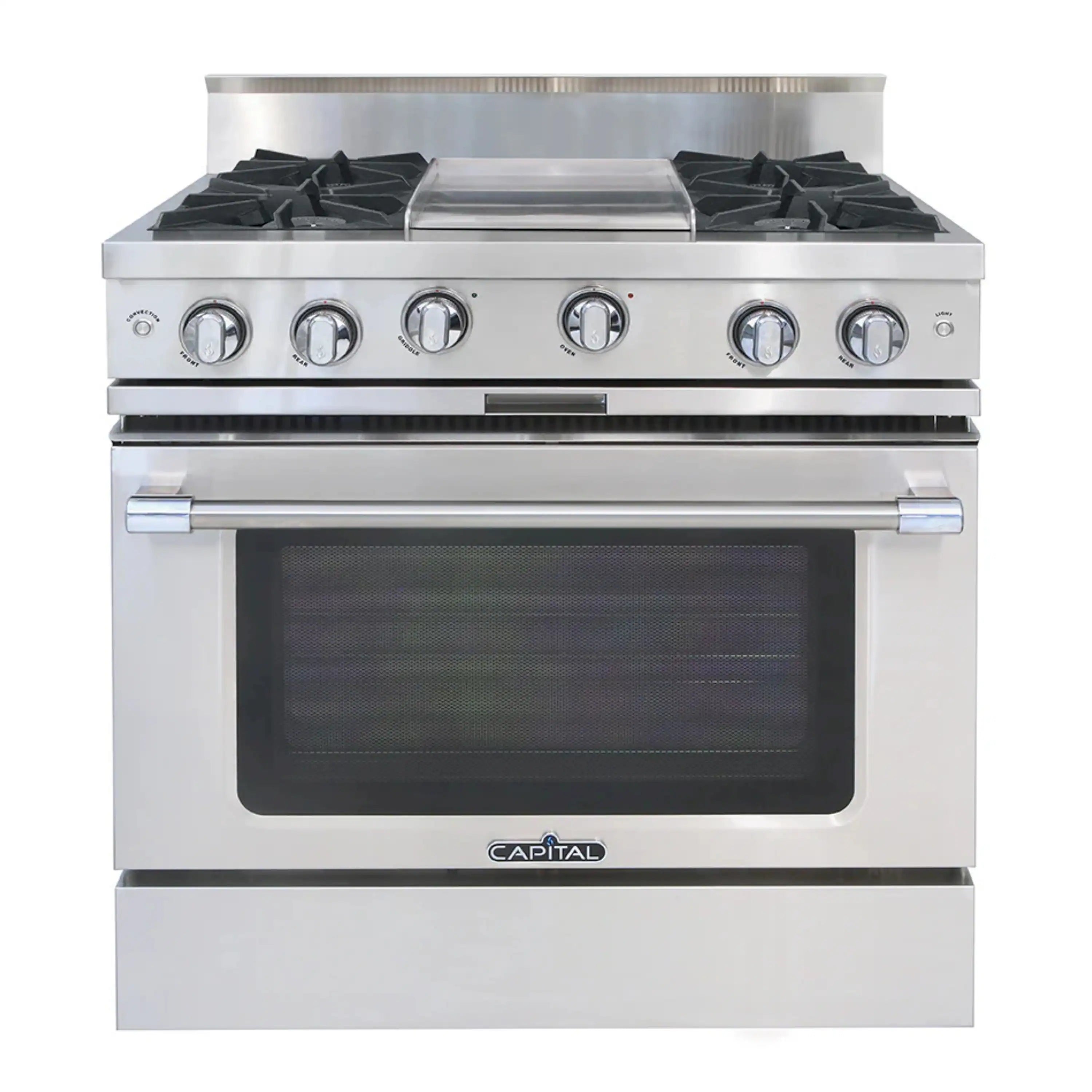 Stainless steel 36-inch gas chef range with 4 burners, griddle, and oven door