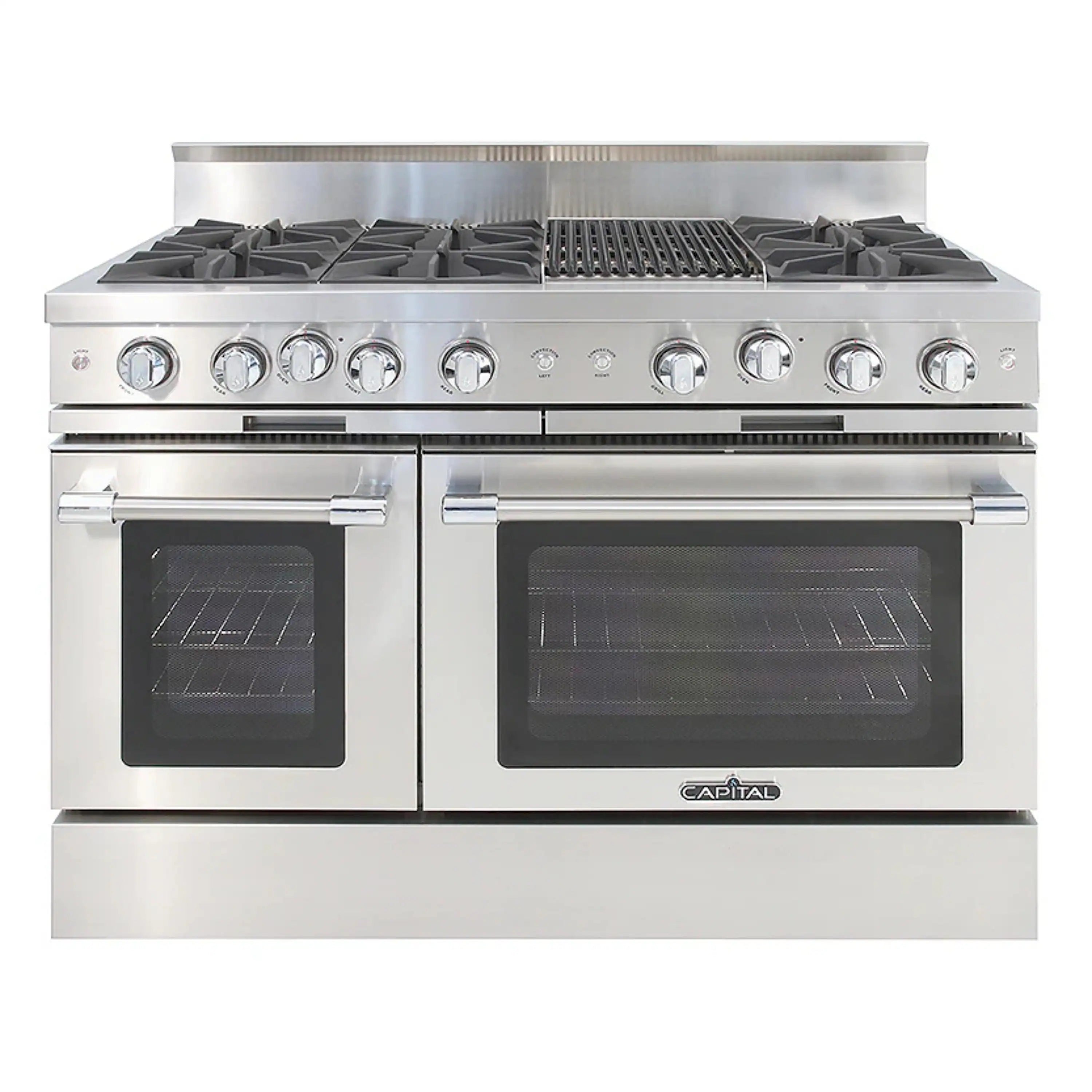 Stainless steel 48-inch chef gas range with six open burners and grill/grate section