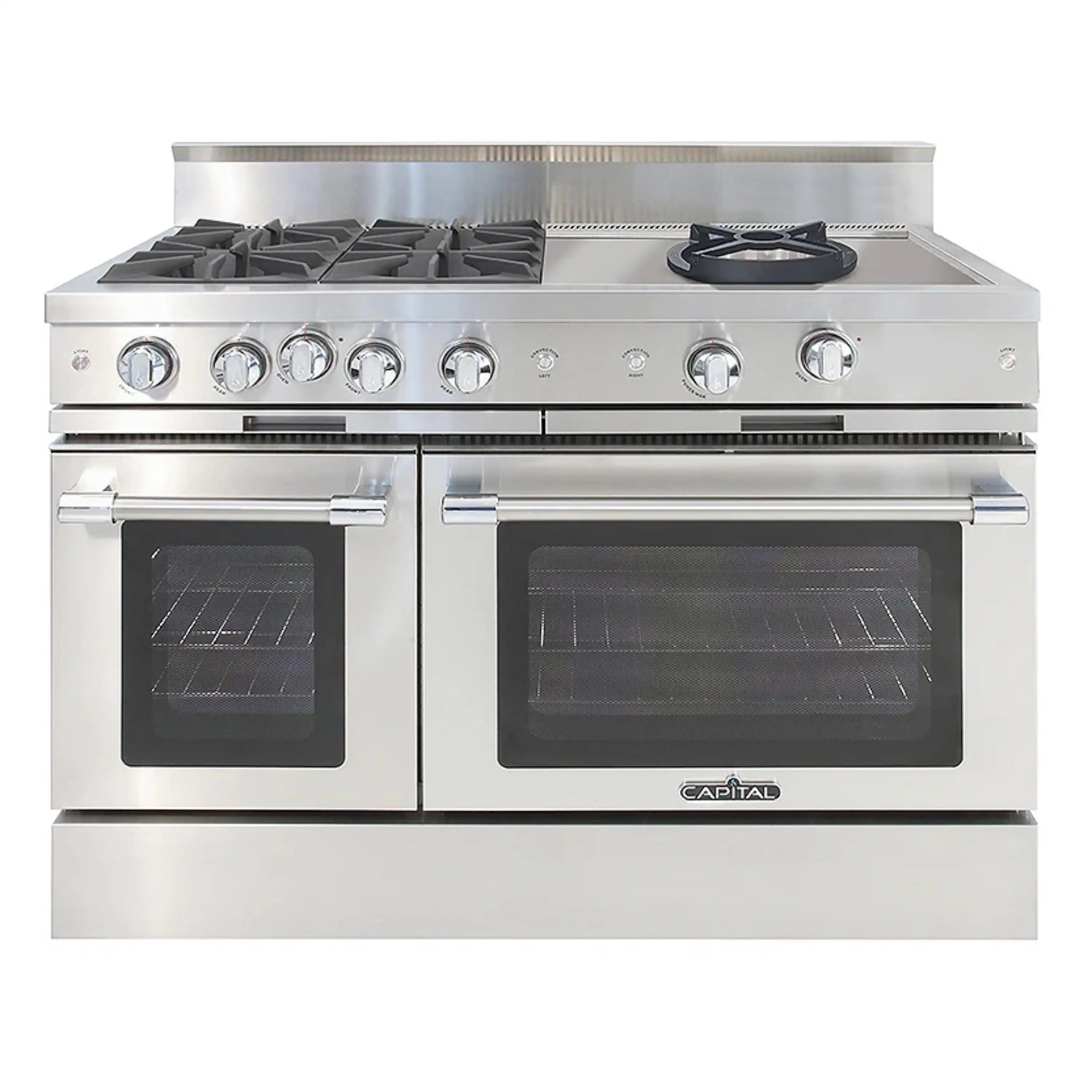 Stainless steel gas chef range with 4 open burners and dual oven doors