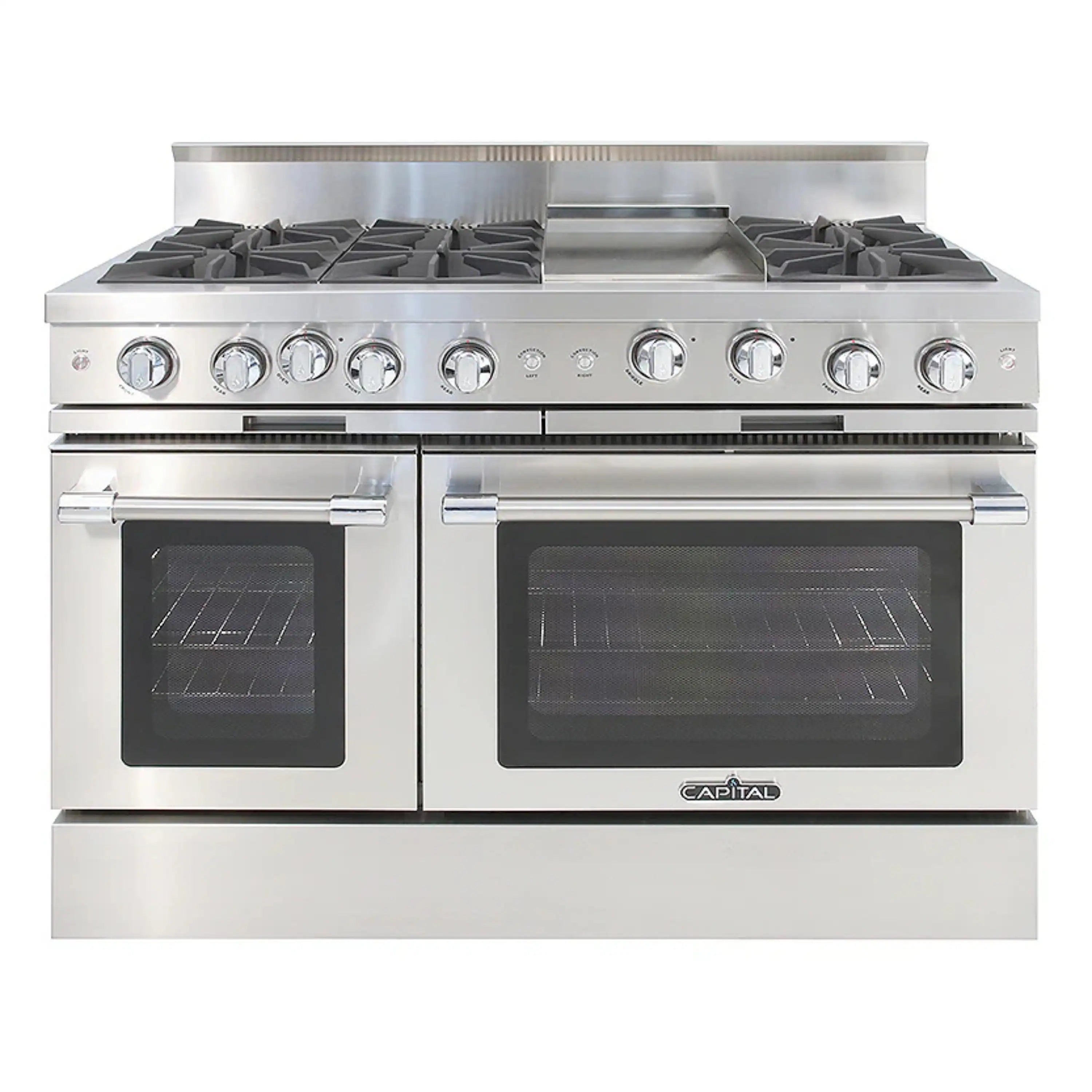 Stainless steel 48-inch chef gas range with six burners and oven doors, control panel on top
