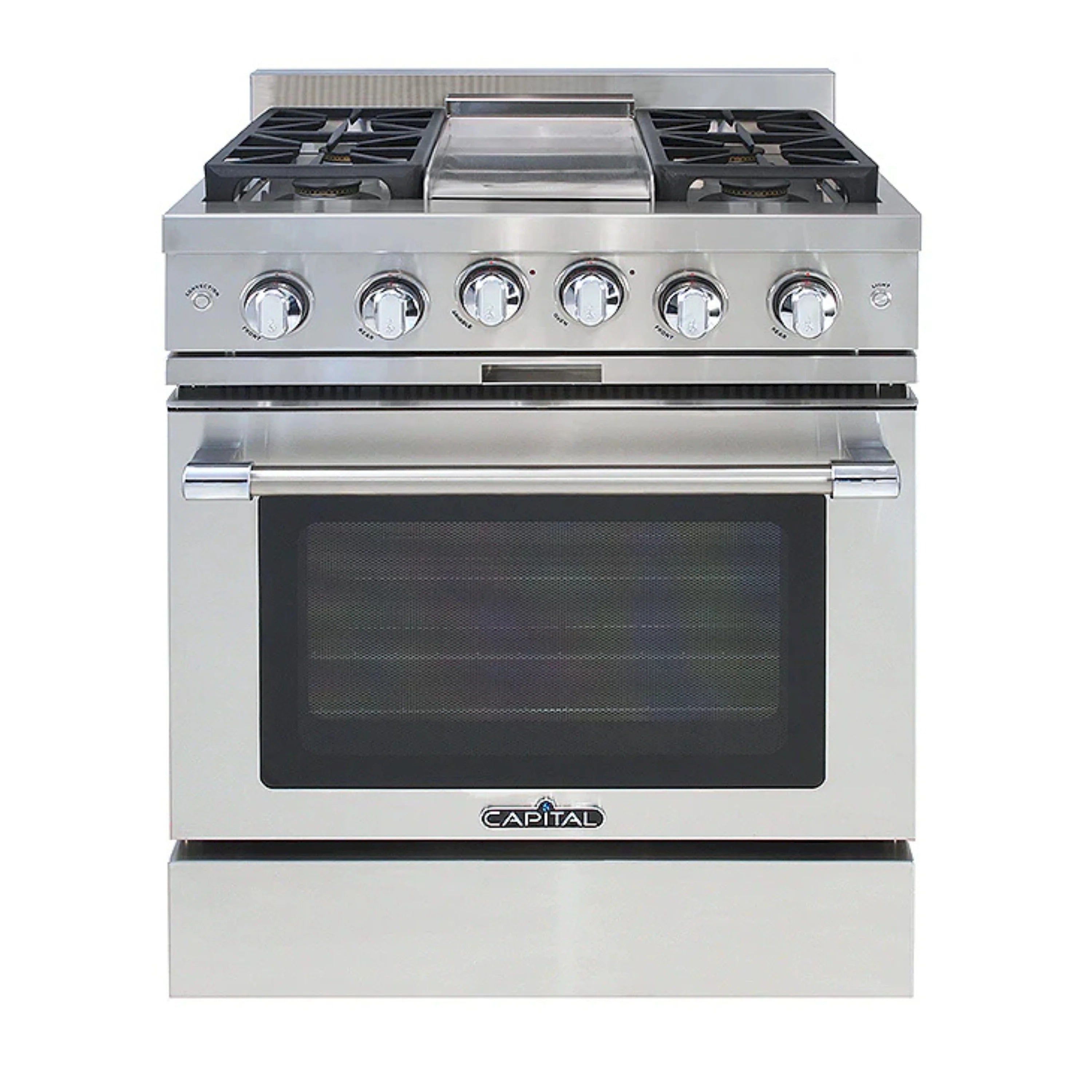 Stainless steel gas range with 4 burner knobs and built-in griddle top