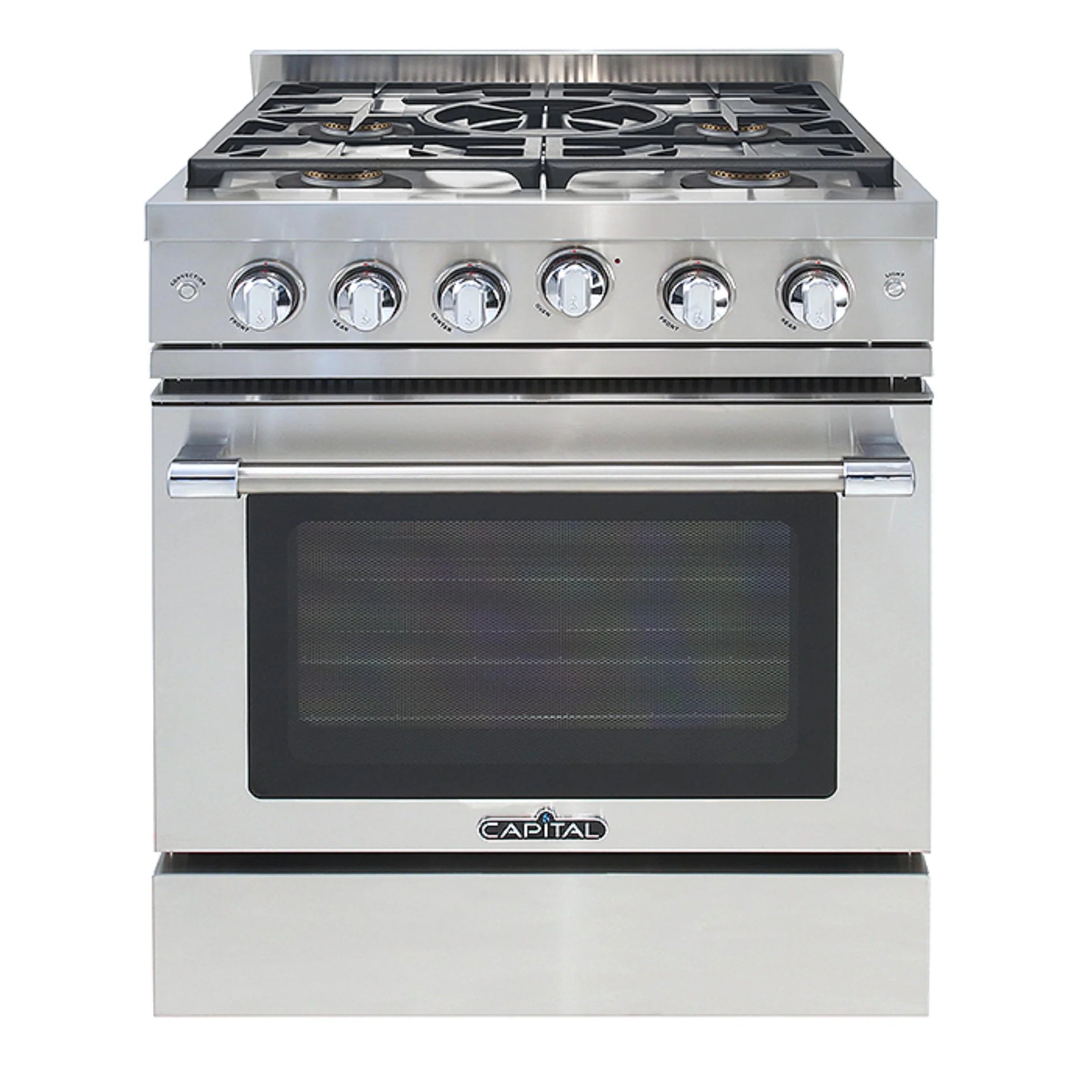 Stainless freestanding gas range with knob controls, grates, and oven door window