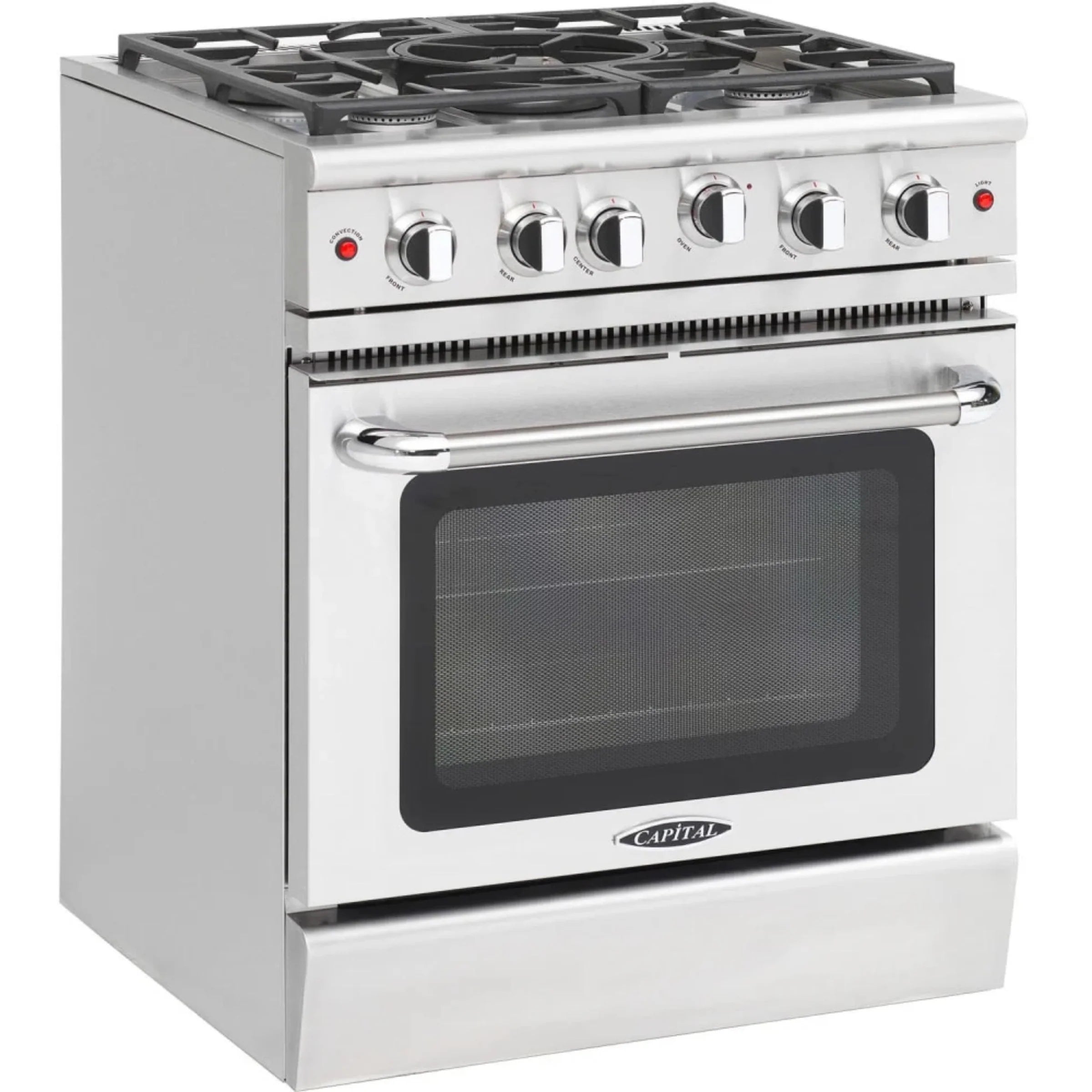 Stainless freestanding gas range with control knobs and closed-door oven with handle