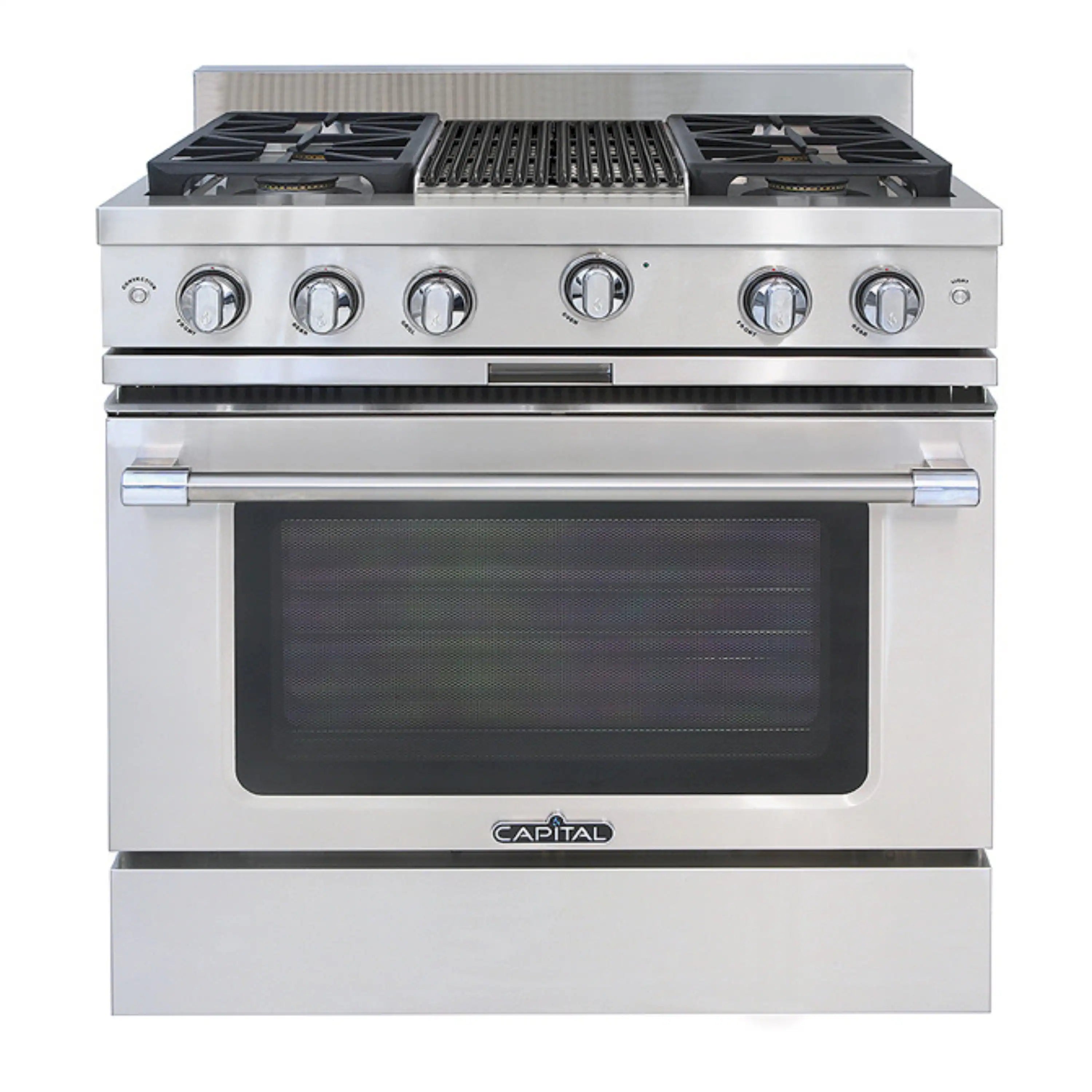 Stainless steel chef gas range with four sealed burners and front oven door