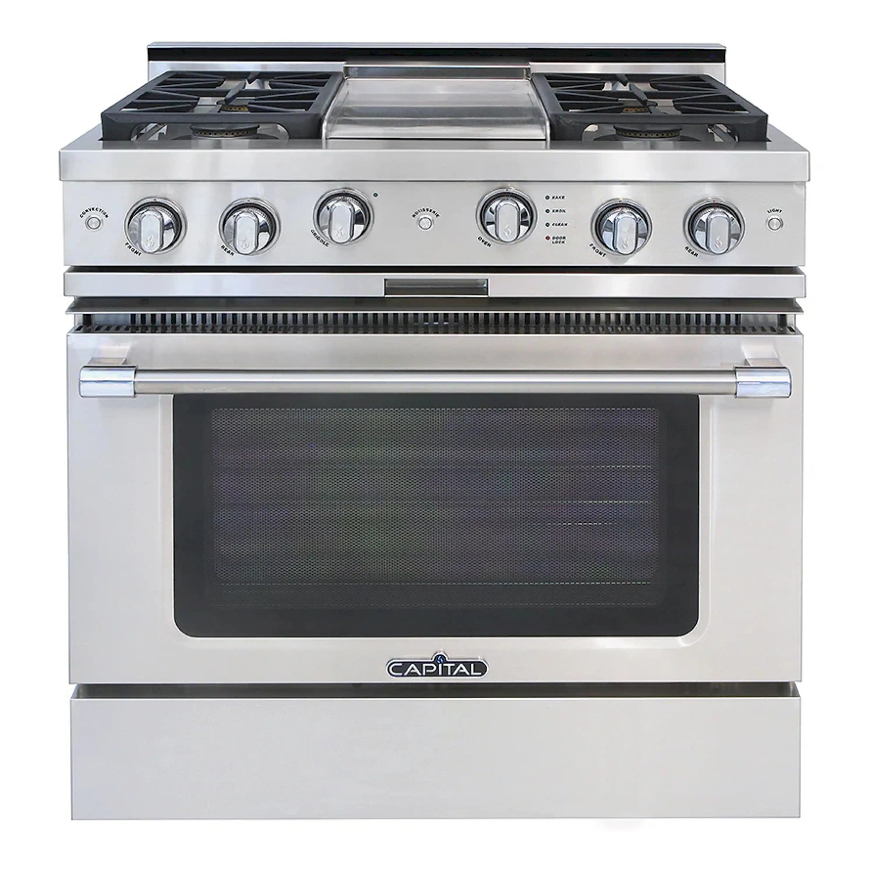 Stainless steel chef gas range with control panel, oven door, and griddle top