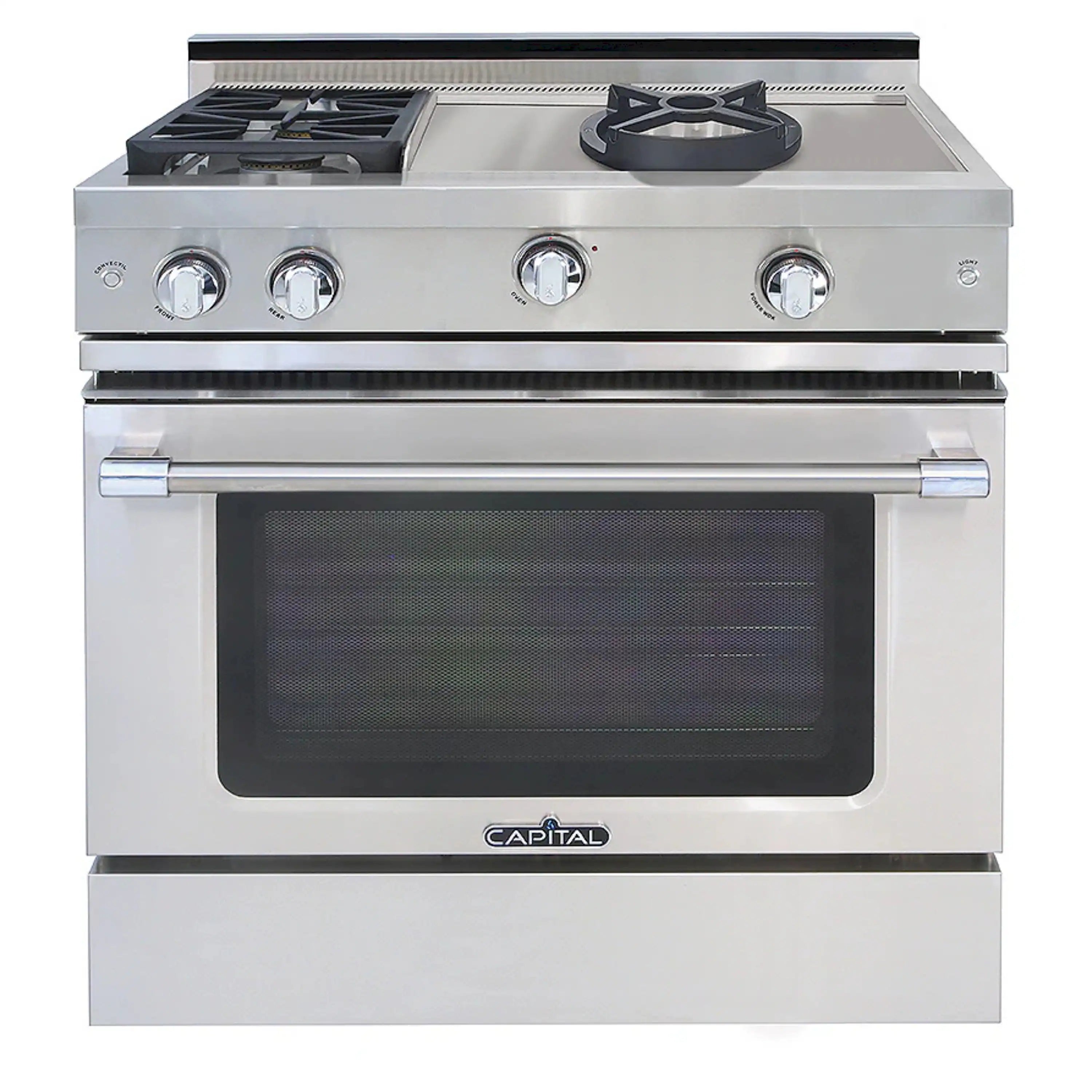 Stainless steel 36-inch gas chef range with two sealed burners and control knobs